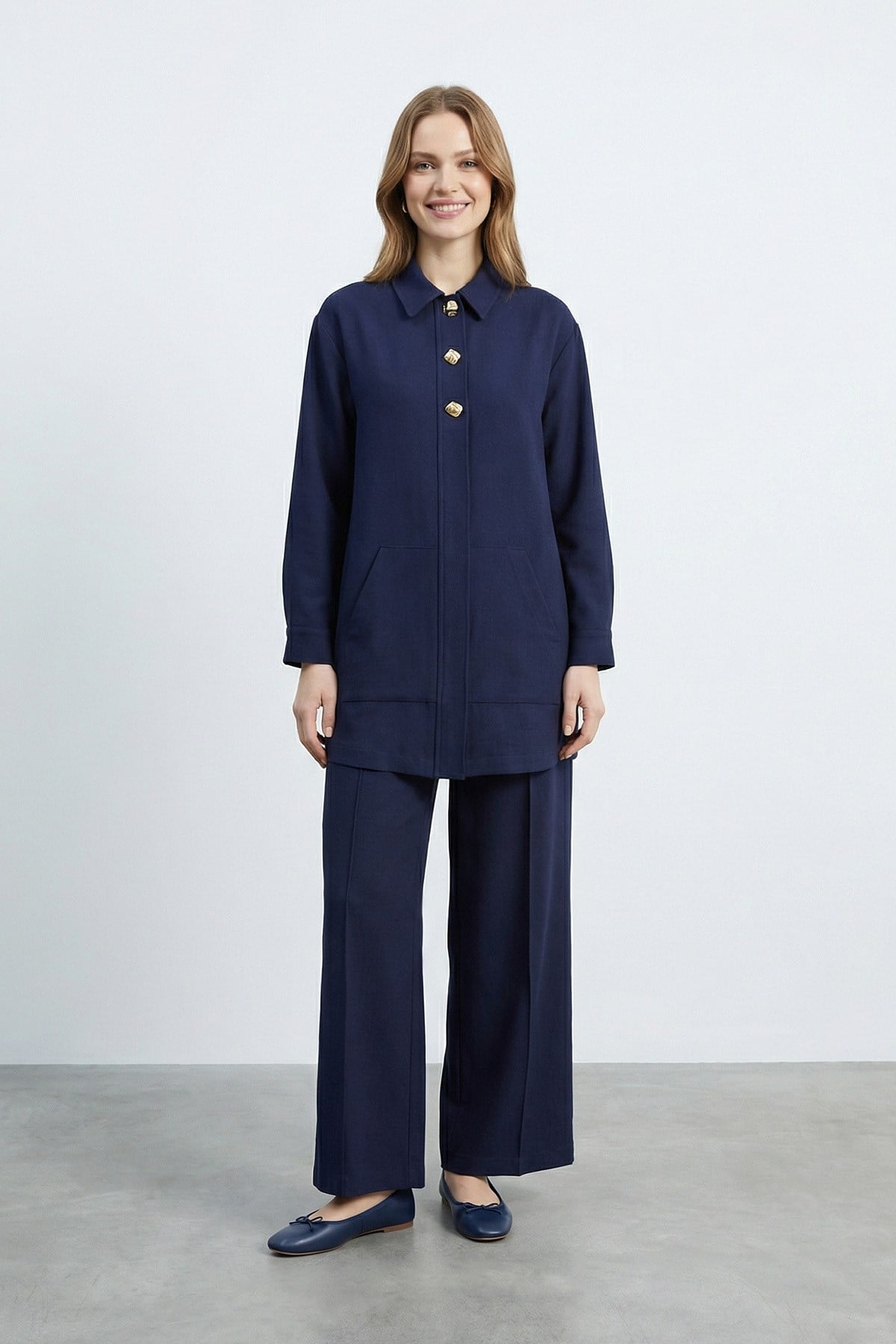Kadın %100 Pamuklu Rahat Kesim Pantolon Takım - 20741TKS - NAVY