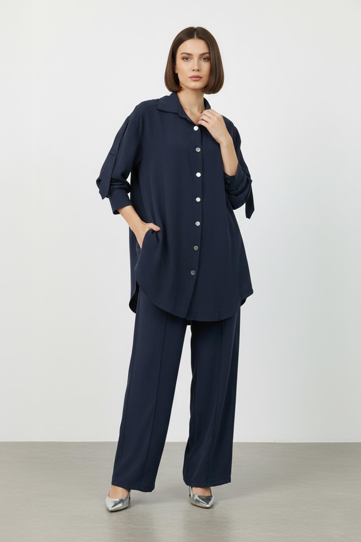 Kadın Düşük Omuz Gömlekli Takım-14413TKS - NAVY