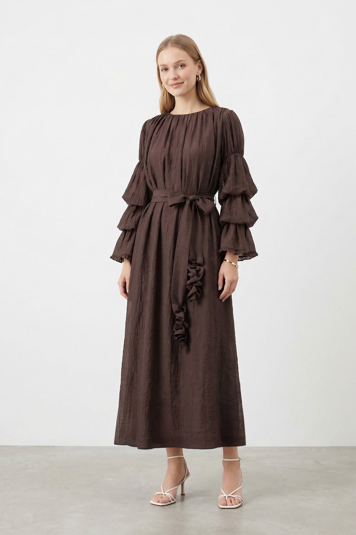 Kadın Kol Volan Detaylı   Kuşaklı Elbise – 32474ELB - BROWN