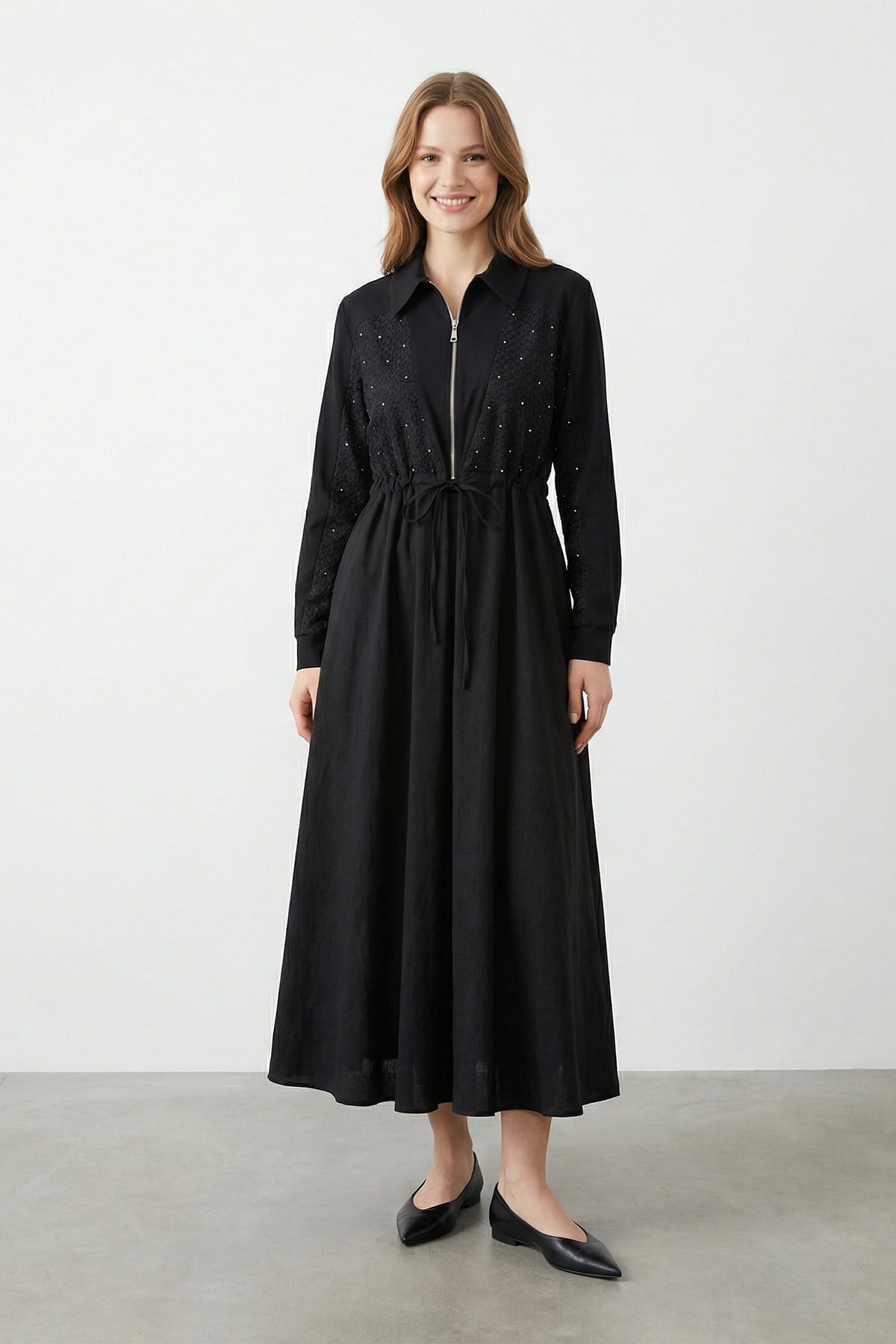Kadın Fermuarlı ve Taş İşlemeli Uzun Elbise - 12674ELB - BLACK