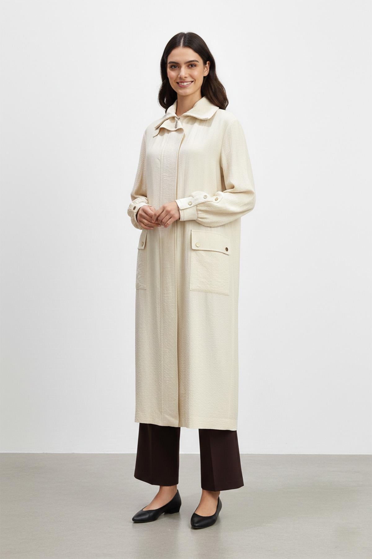 Biyeli Yaka Cepli Uzun Kap-15256 - BEIGE