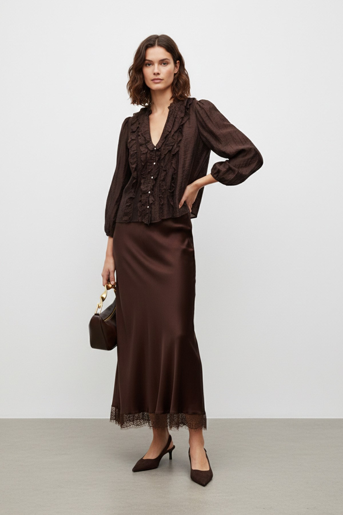 Saten Dantel Detaylı Uzun Etek-20729 - BROWN