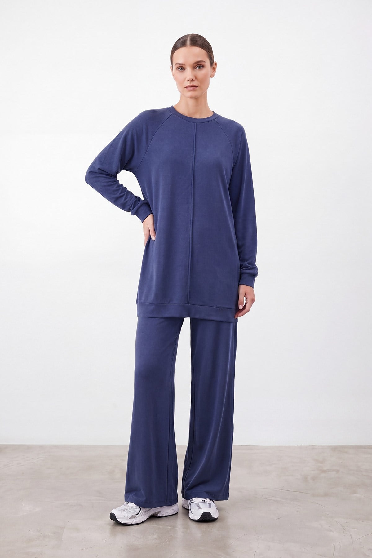 Kadın Bisiklet Yaka Rahat Kesim Tunik Pantolon Takım – 14426TKS - BLUE