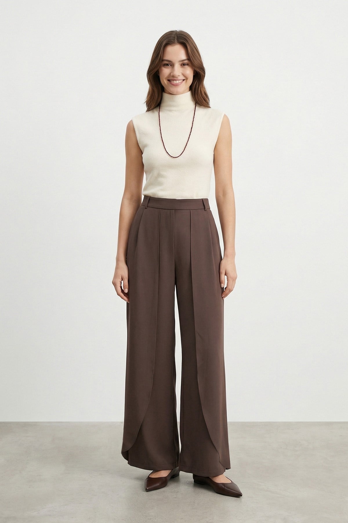 Kadın Pile Detaylı Palazzo Pantolon-32506PNT - BROWN