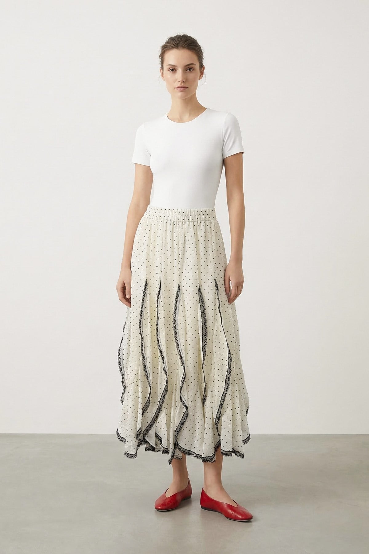 Kadın Puantiyeli Dantel Detaylı Midi Etek -18307ETK - ECRU