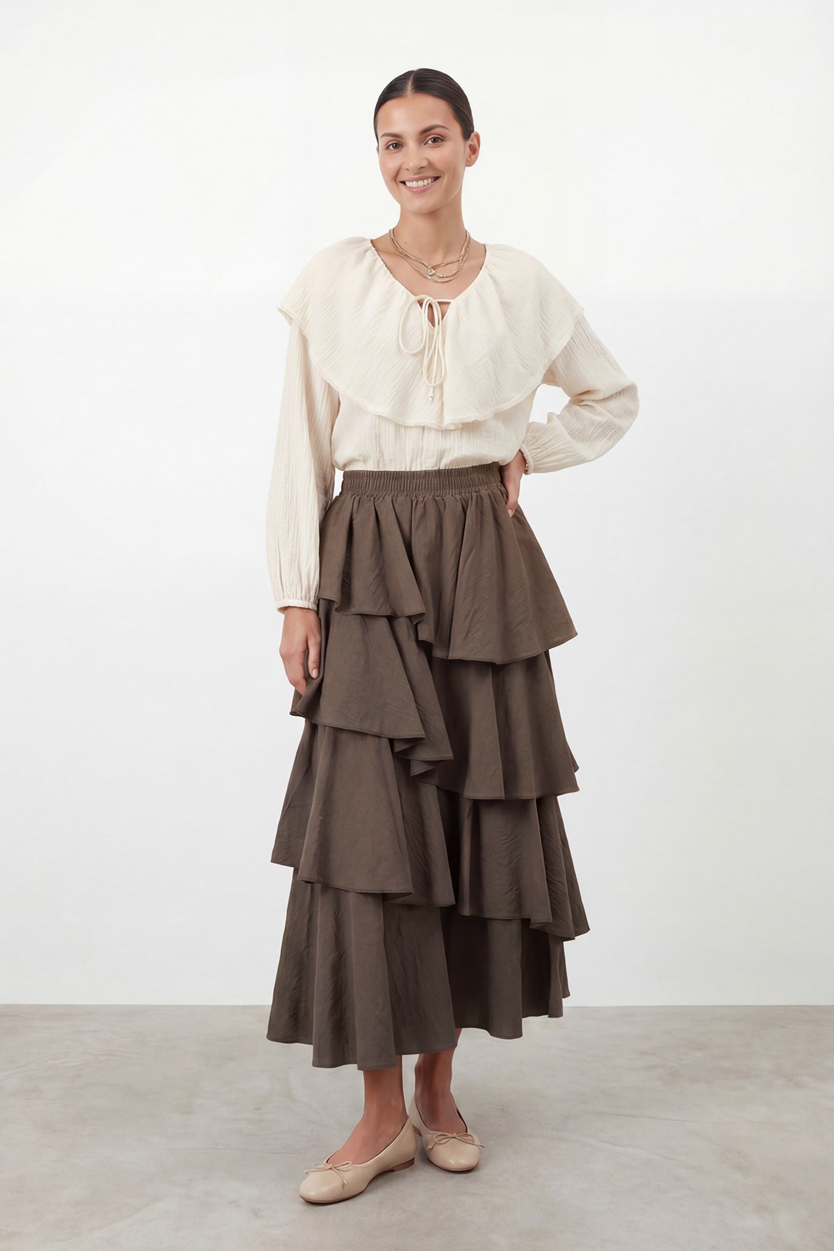 Kadın Kat Kat Volanlı Uzun Etek – 20768ETK - BROWN