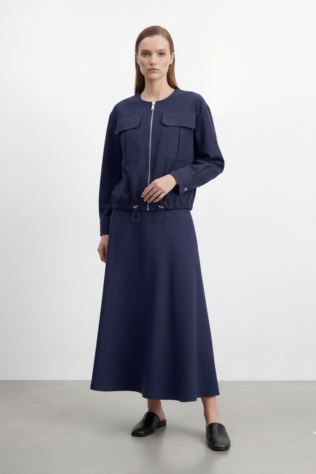 Fermuarlı Cep Detaylı Ceket ve Uzun Etek Kadın Takım-14430 - NAVY