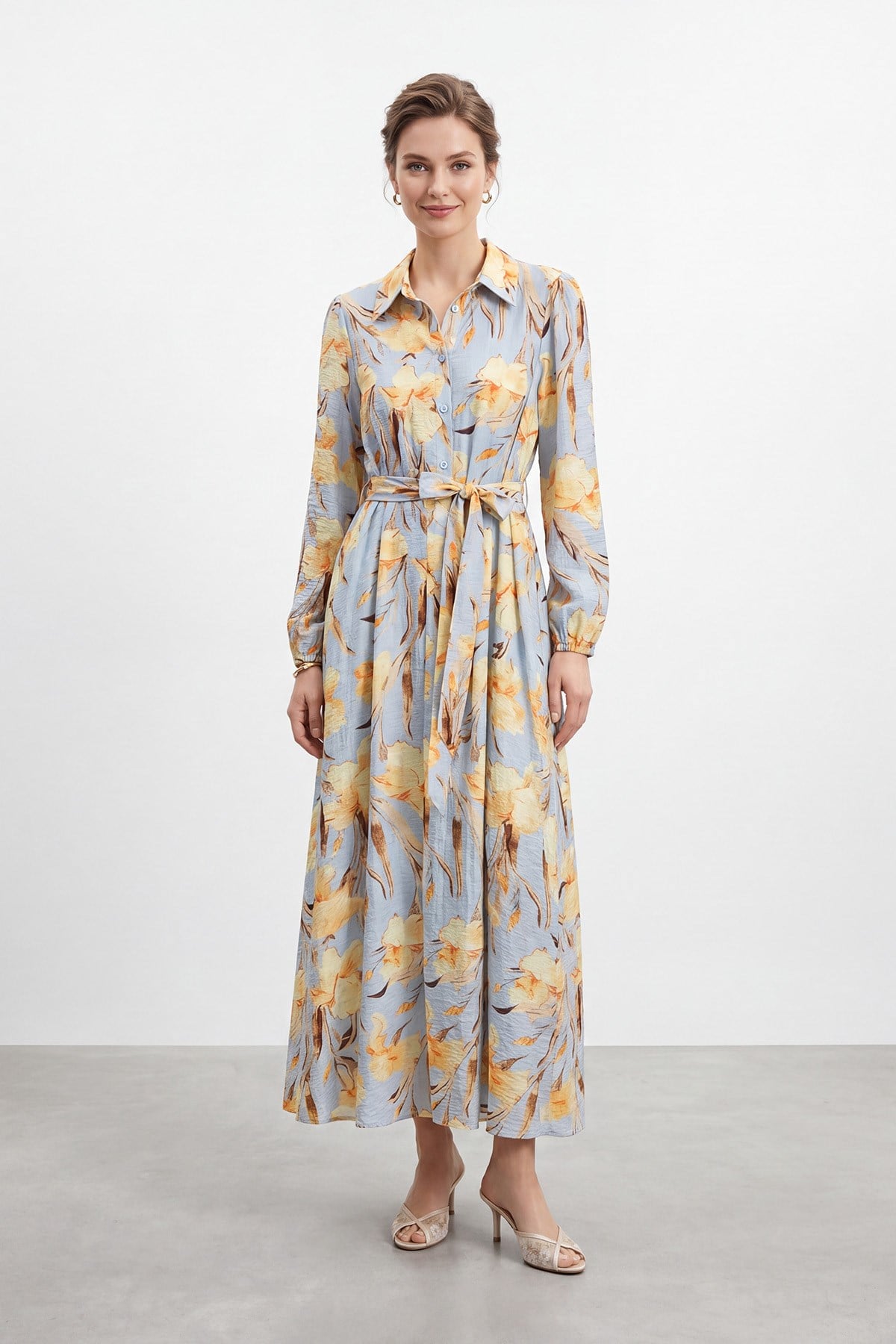 Kadın Floral Desenli Kuşaklı Uzun  Elbise - 32511ELB - BLUE-YELLOW