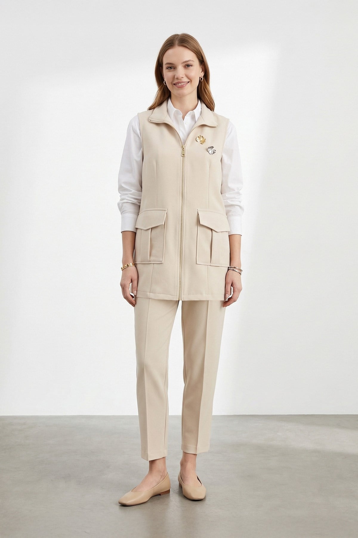 Kadın Fermuarlı Kargo Cep Detaylı Yelek Pantolon Takım – 14463TKS - STONE