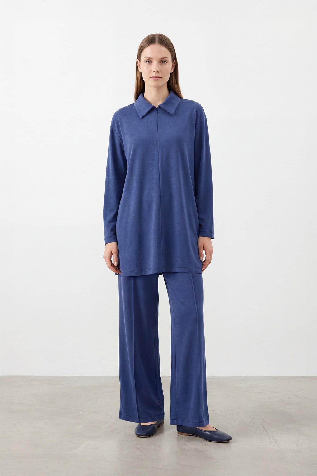 Kadın Gömlek Yaka Fermuarlı Rahat Kesim Tunik Pantolon Takım – 14445TKS - BLUE