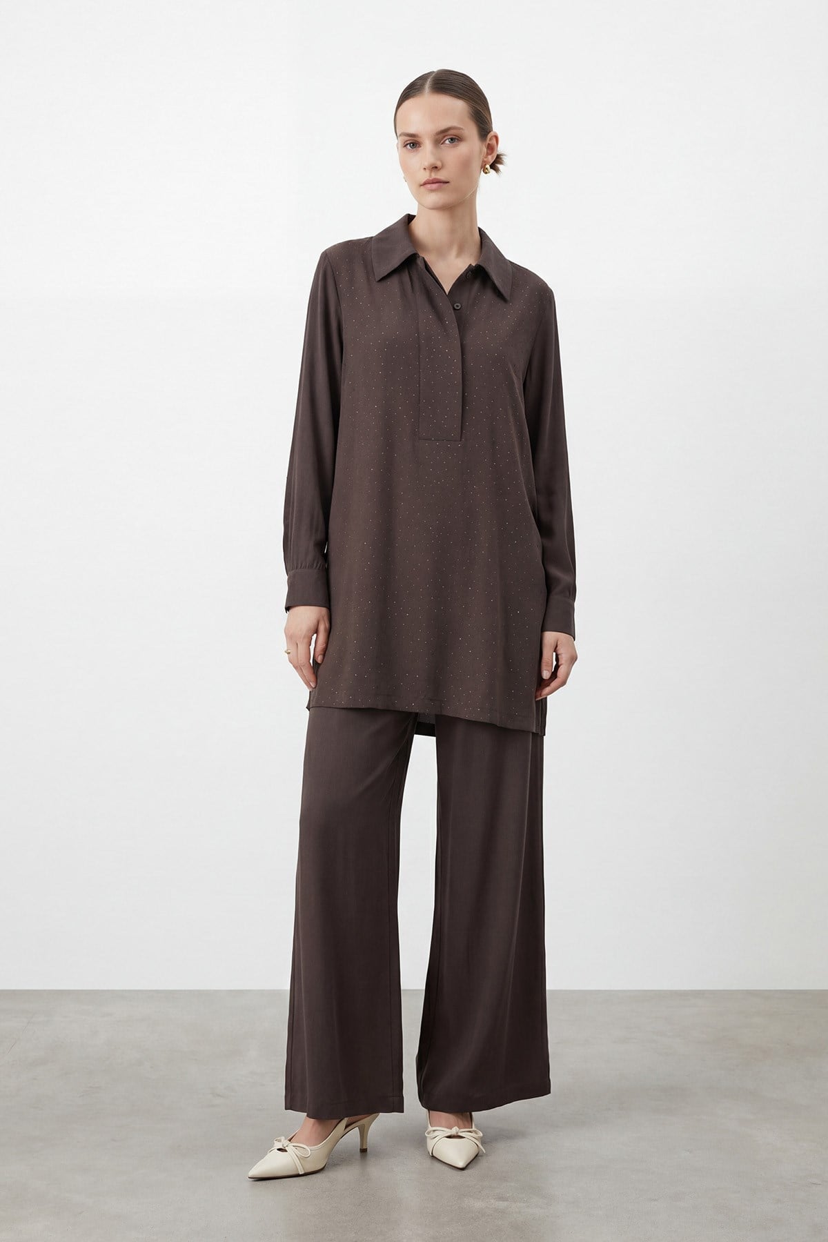 Kadın Yaka Detaylı Bol Paça Takım – 14480TKS - BROWN