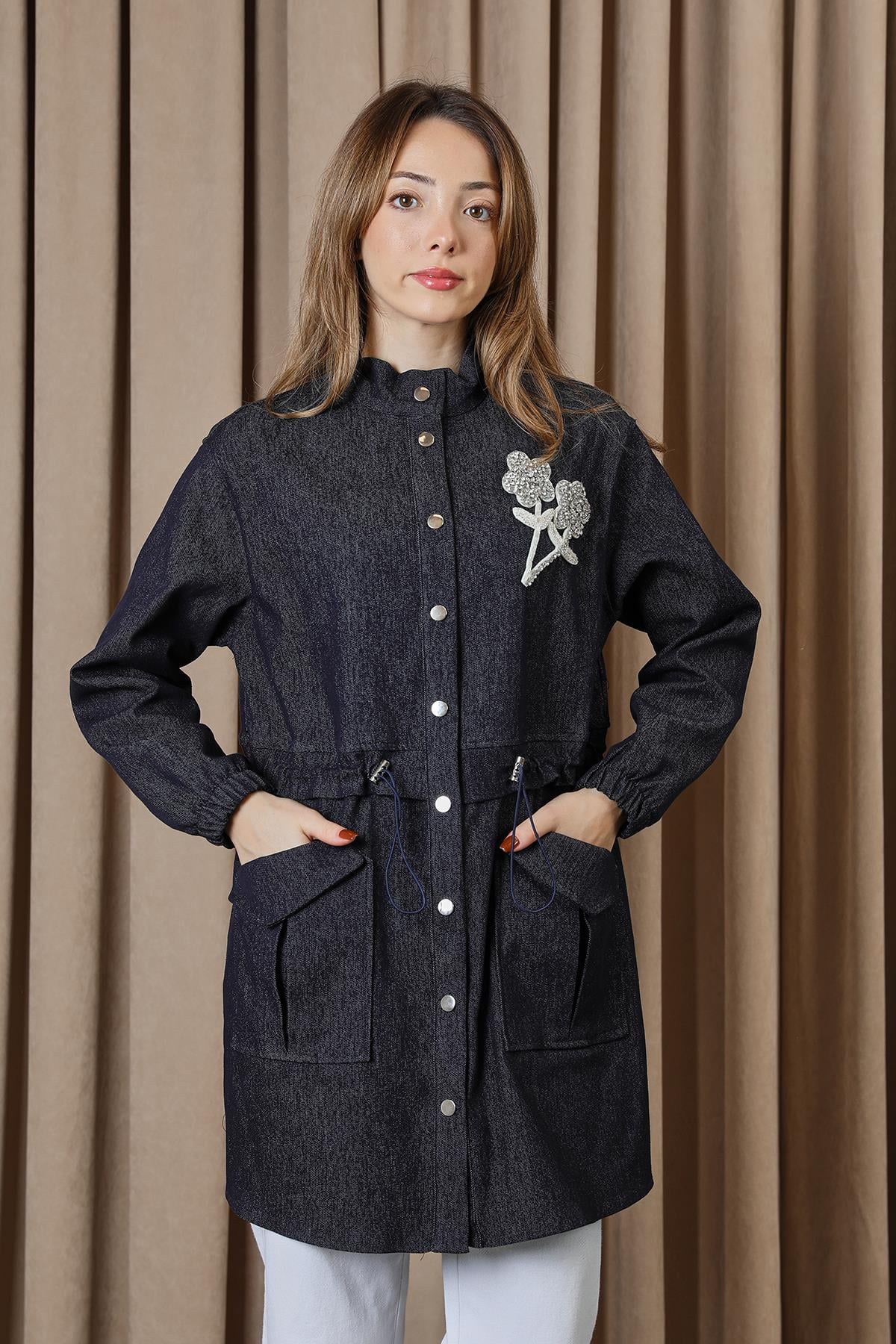 Kadın Beli Tünelli ve Aksesuarlı Denim Tunik - 10732TUN - NAVY