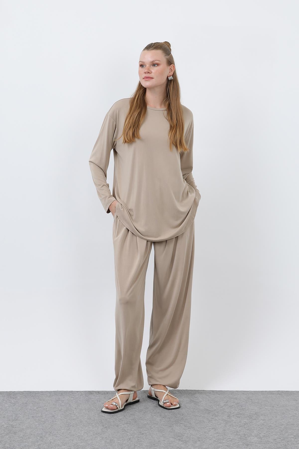 Kadın Oversize Viskon Relax Takım-20663TKS - BEIGE