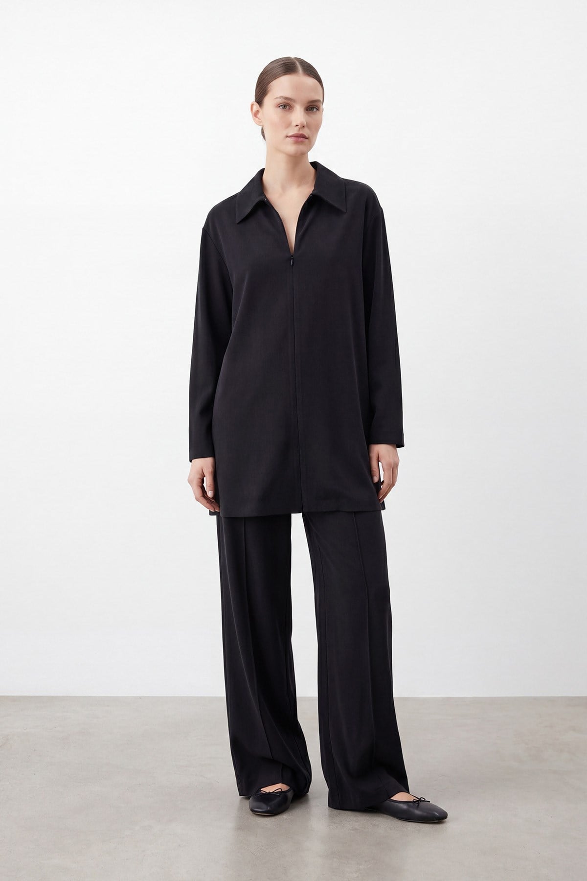 Kadın Gömlek Yaka Fermuarlı Rahat Kesim Tunik Pantolon Takım – 14445TKS - BLACK