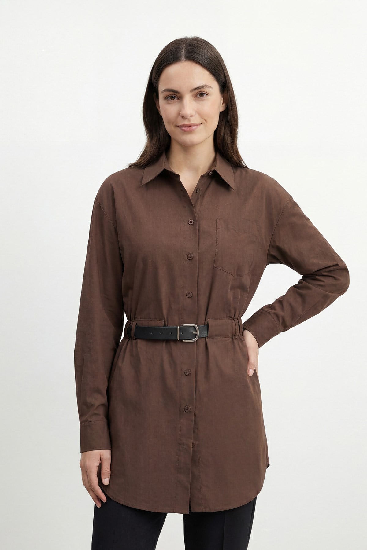 Kadın Kemerli Düğmeli Pamuklu Tunik – 20726TUN - BROWN