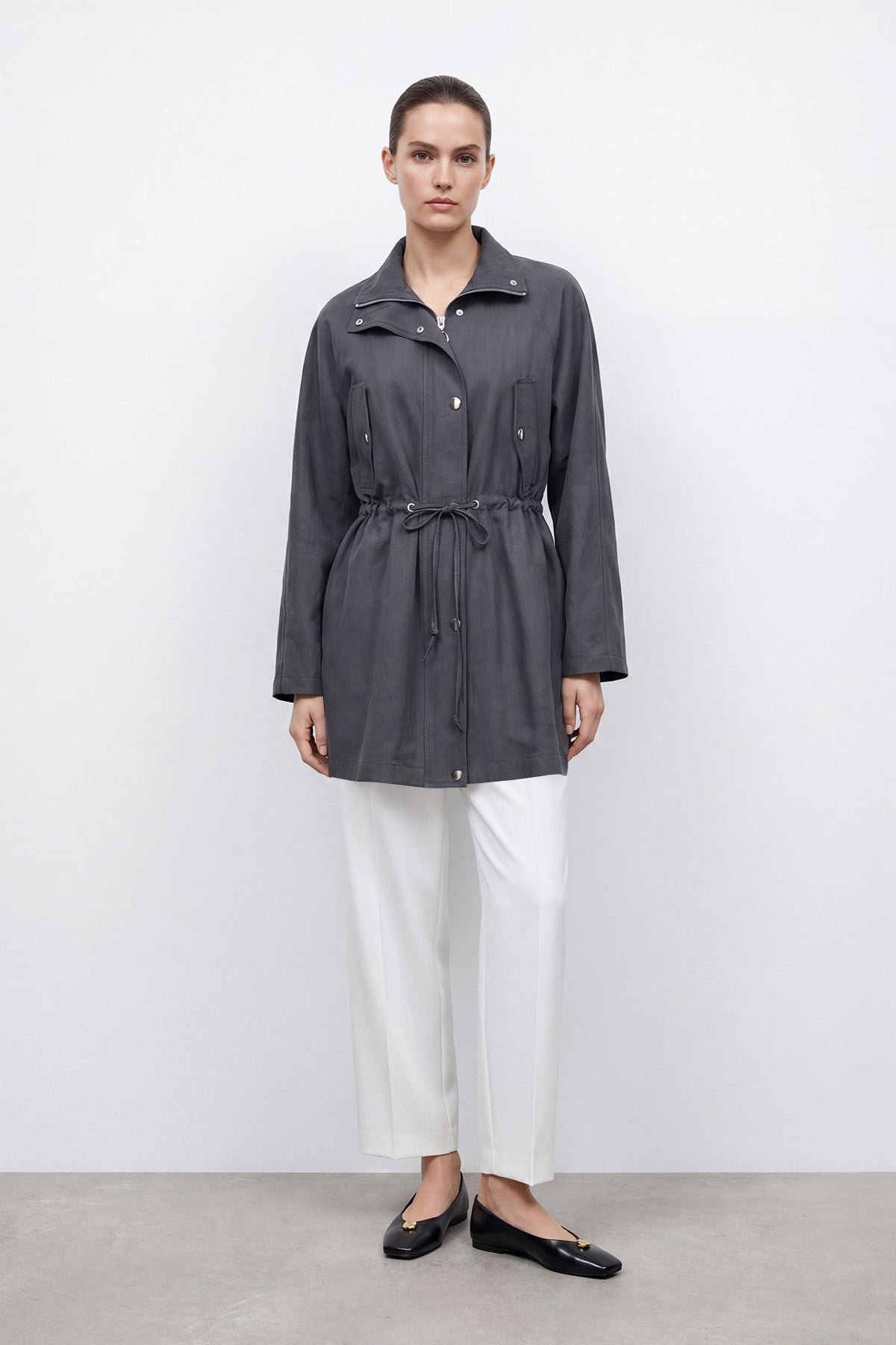 Kadın Beli Büzgülü Çıtçıtlı Hafif Trenç Ceket – 26S-15263CKT - ANTRACITE