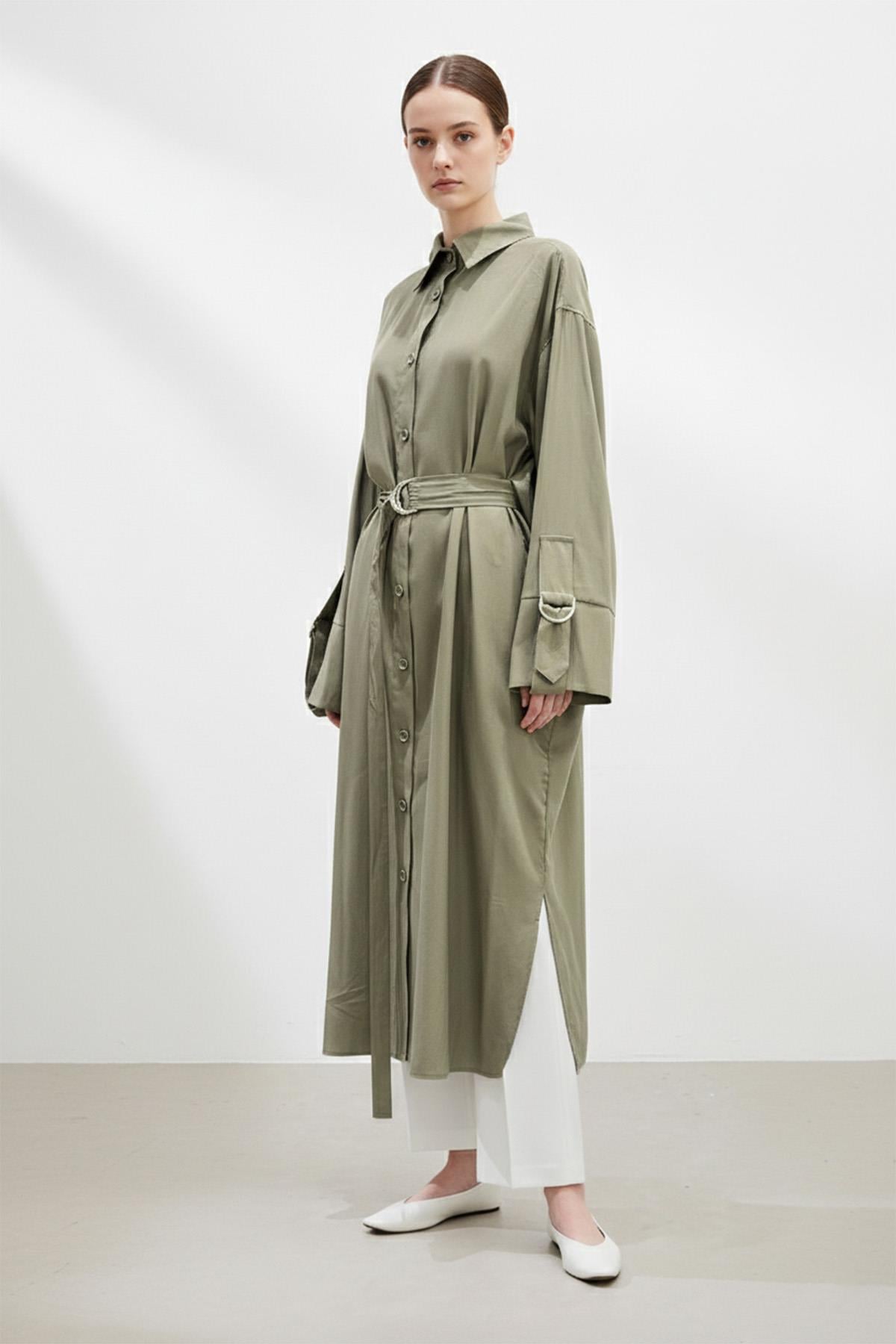 Kadın Uzun Düğmeli Kemerli Gömlek -10753 - KHAKI