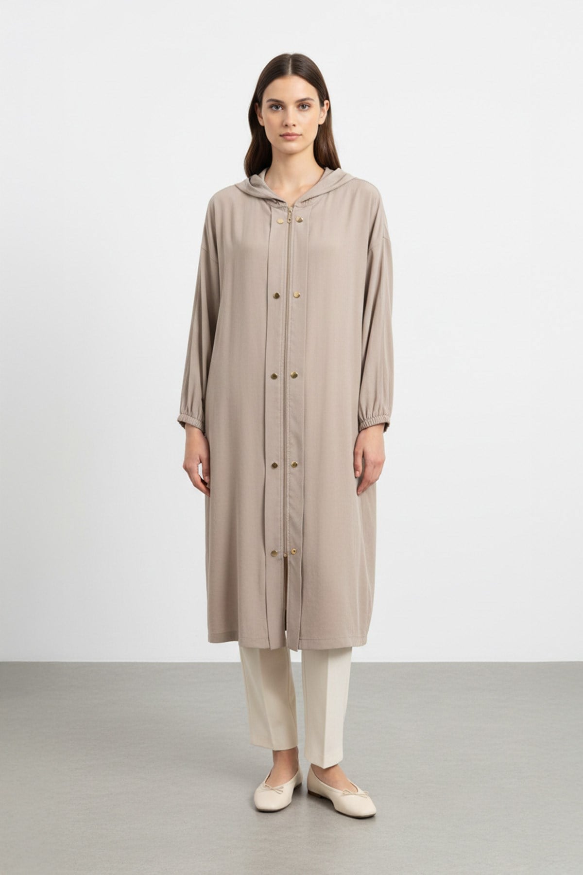 Kapüşonlu Fermuarlı uzun Kadın Kap-15251 - MINK