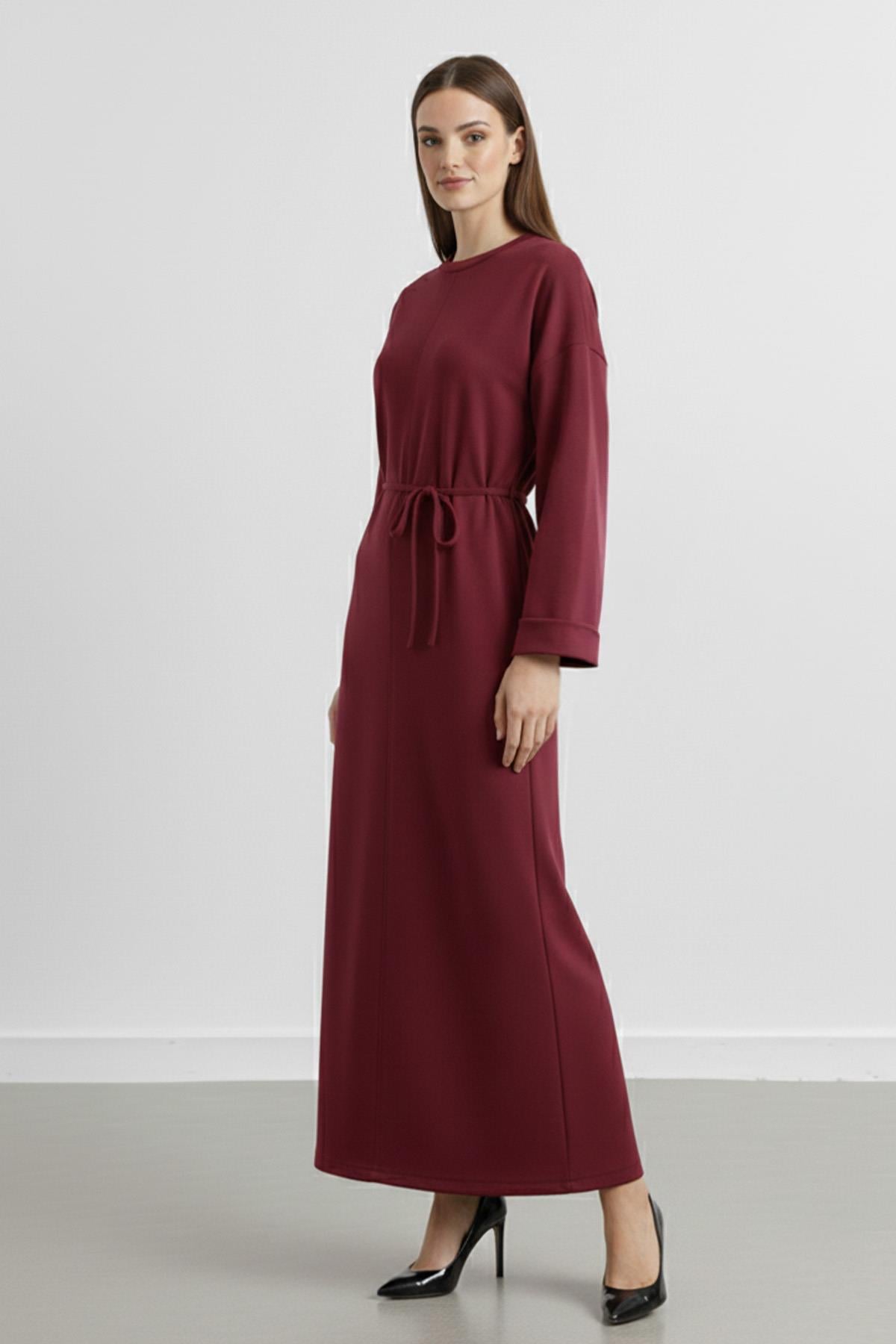 Kadın Basic Bel Detaylı Uzun Kollu Scuba  Elbise-12672ELB - DAMSON