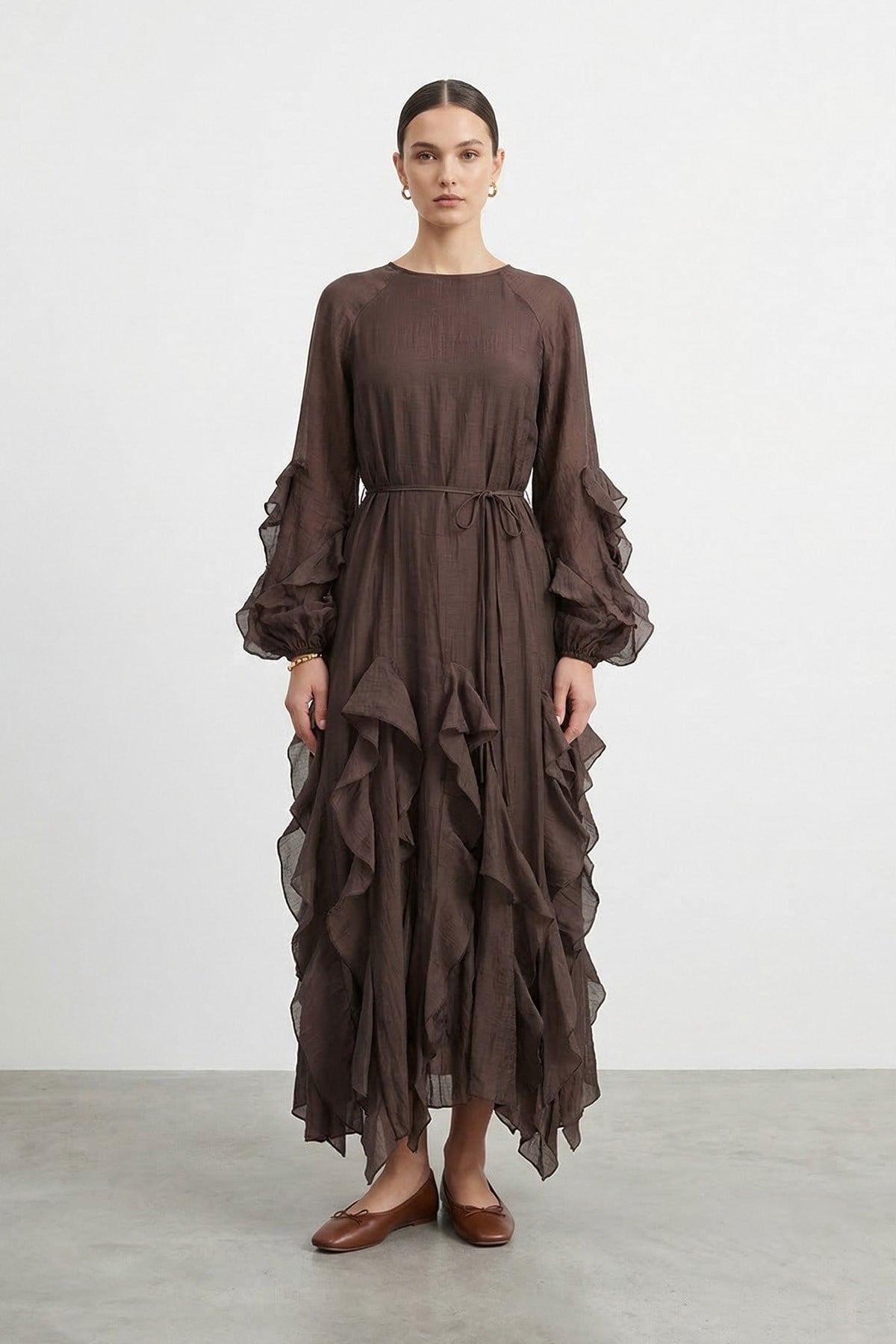 Kadın Volan Detaylı Kuşaklı Uzun Elbise-12693Elb - BROWN