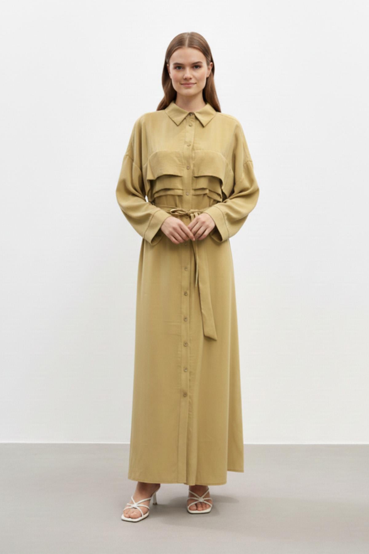 Kuşaklı Düğmeli Uzun Kadın Elbise-12668 - OLIVE