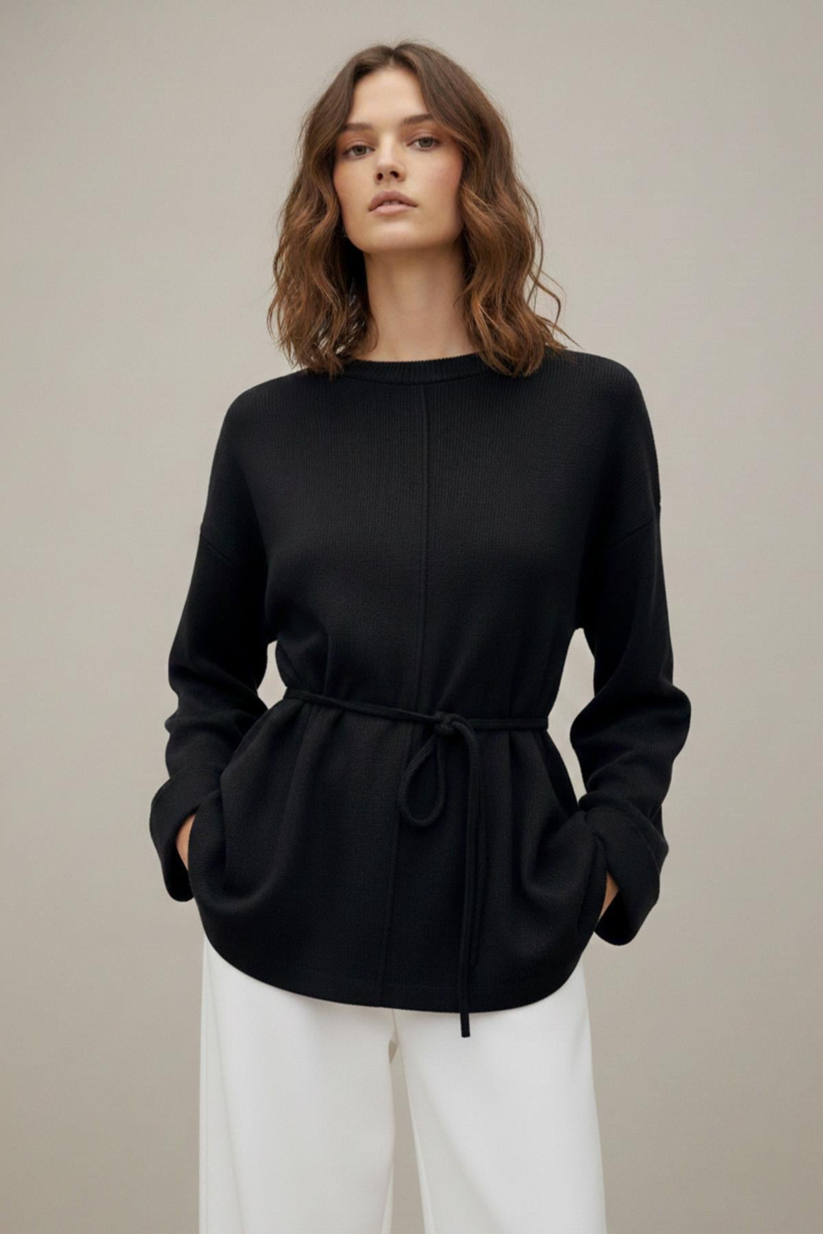 Kadın Kuşaklı Minimal Örme Tunik – 20725TBLZ - BLACK