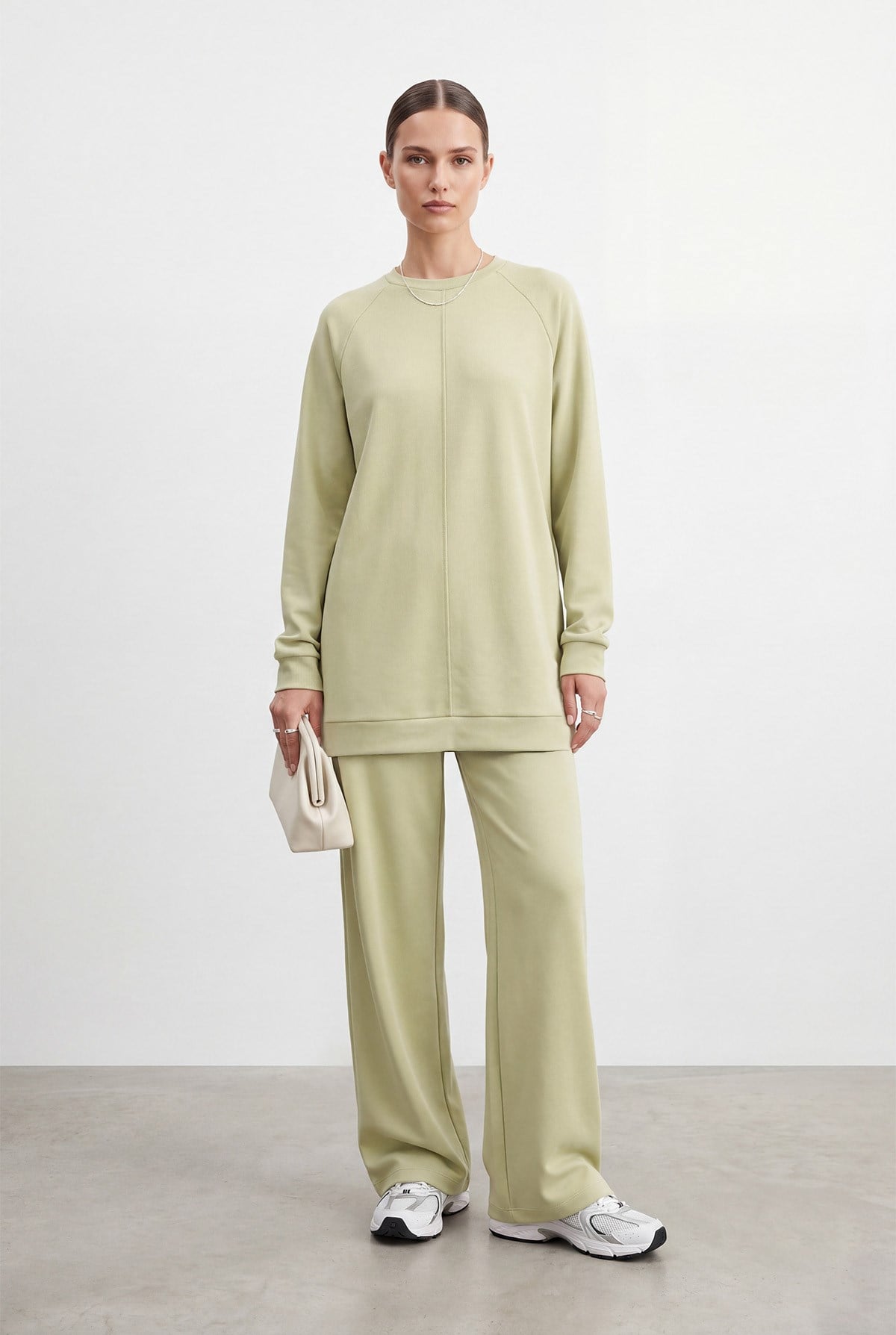 Kadın Bisiklet Yaka Rahat Kesim Tunik Pantolon Takım – 14426TKS - MINT