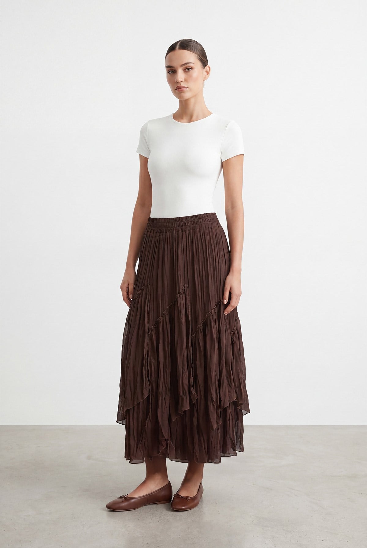 Kadın Kat Kat Volanlı Uzun Etek – 26S-18299ETK - BROWN