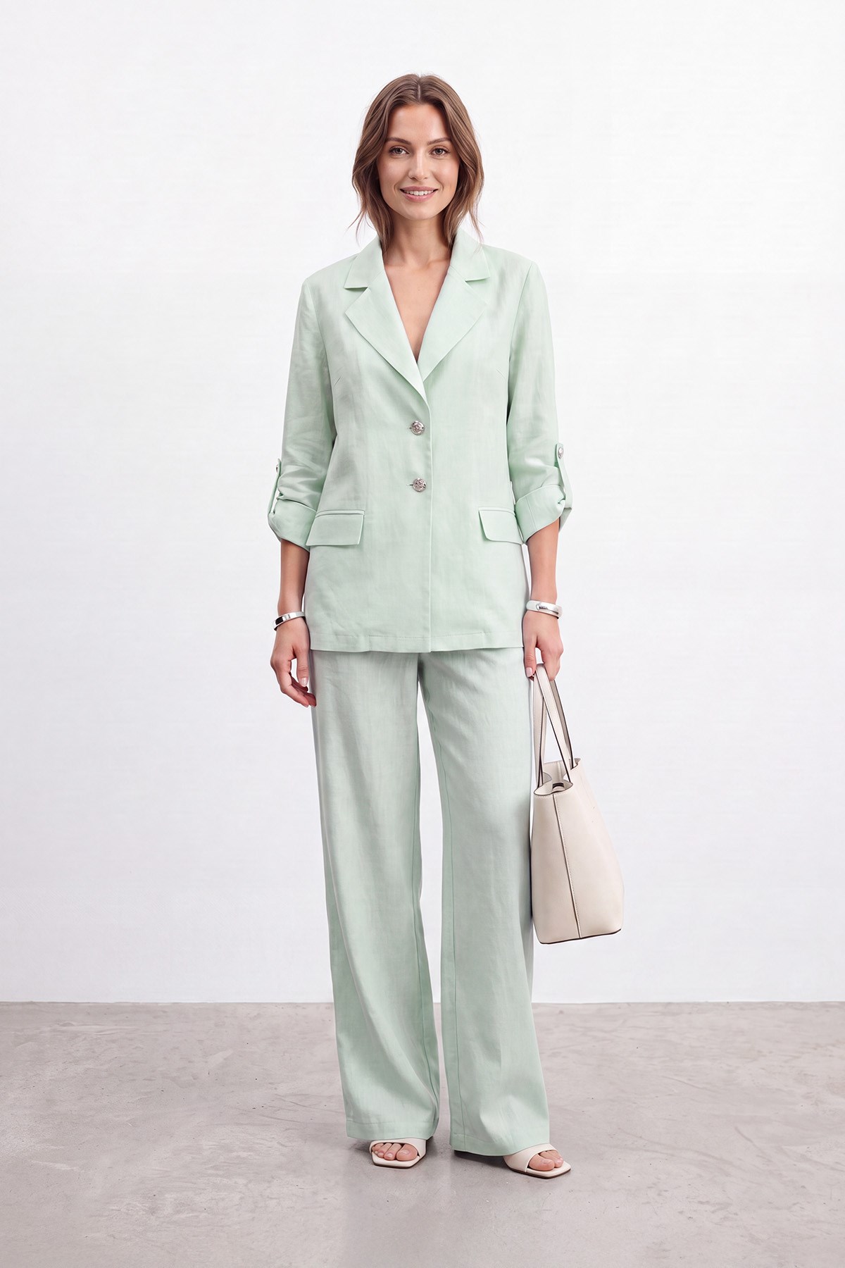 Düğmeli Blazer Ceket Pantolon Takım - Mint Yeşili İkili Takımlar Loreen 