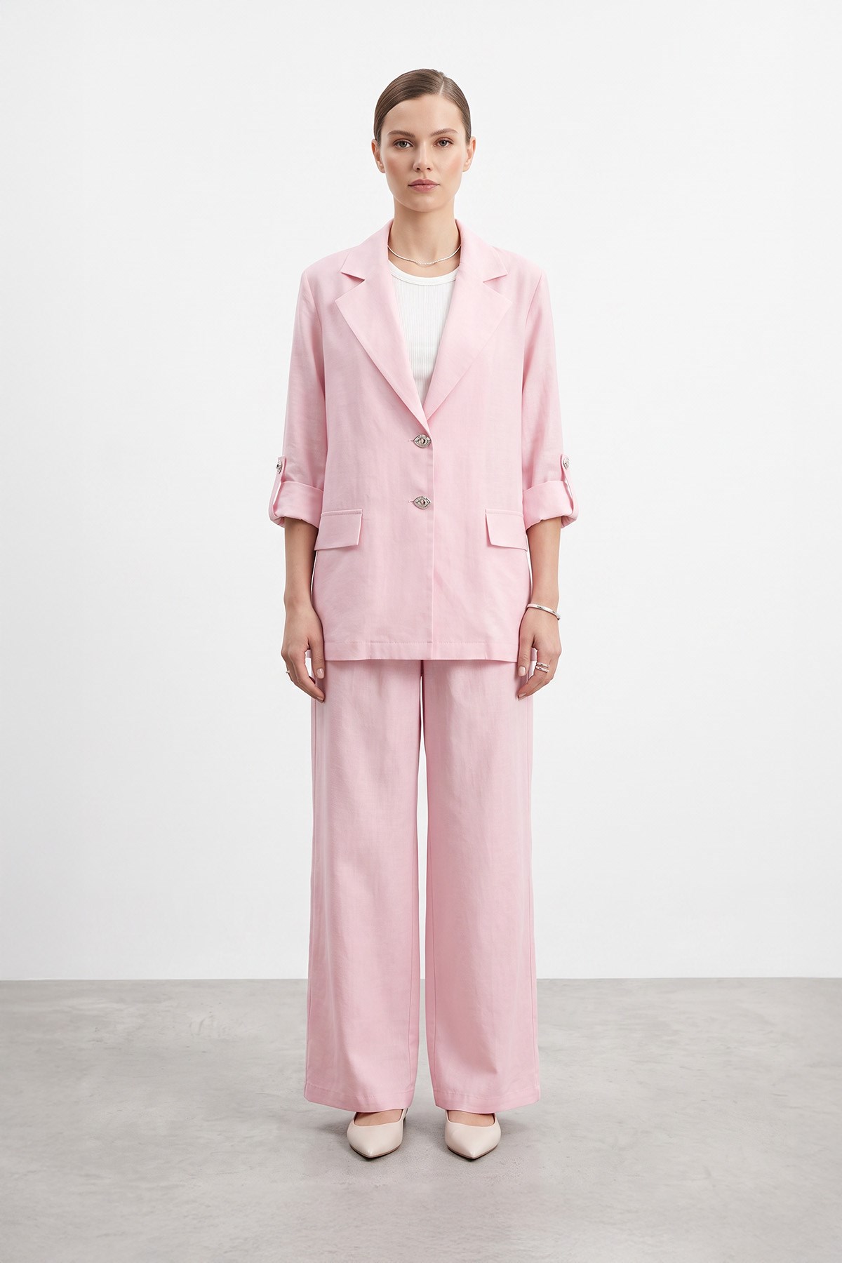 Düğmeli Blazer Ceket Pantolon Takım - Pembe İkili Takımlar Loreen 