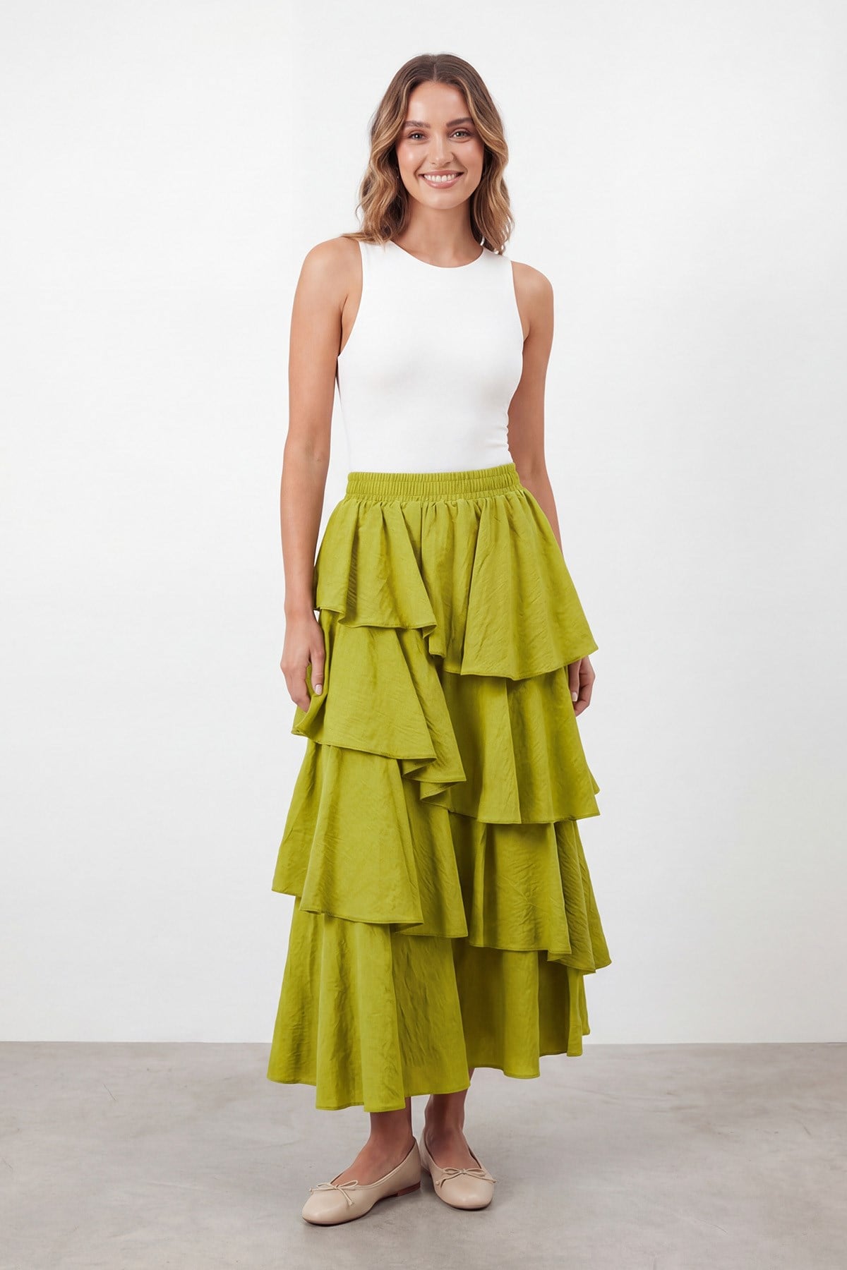 Kadın Kat Kat Volanlı Uzun Etek – 20768ETK - GREEN