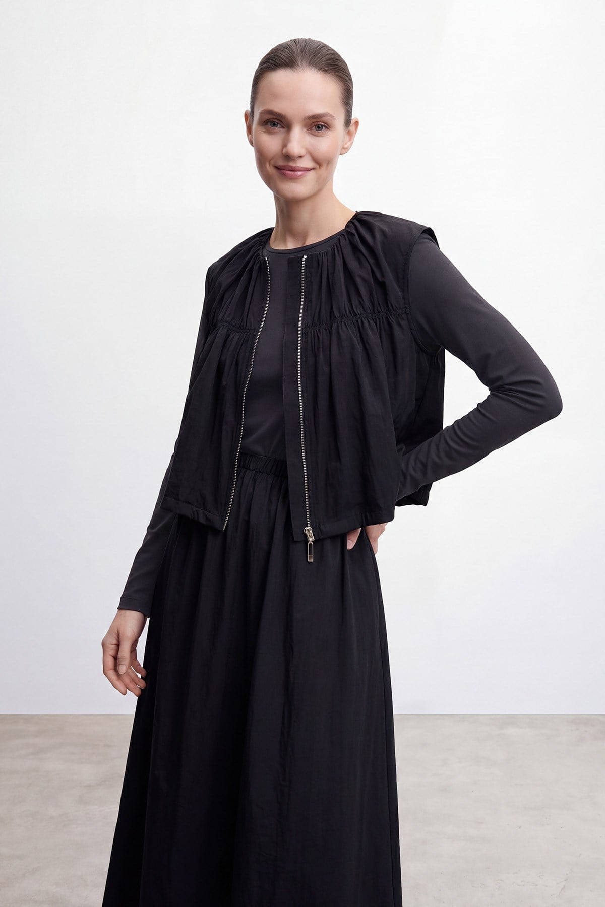 Kadın Fermuarlı Yelek Detaylı İkili Elbise  – 26S-32509TKS - BLACK