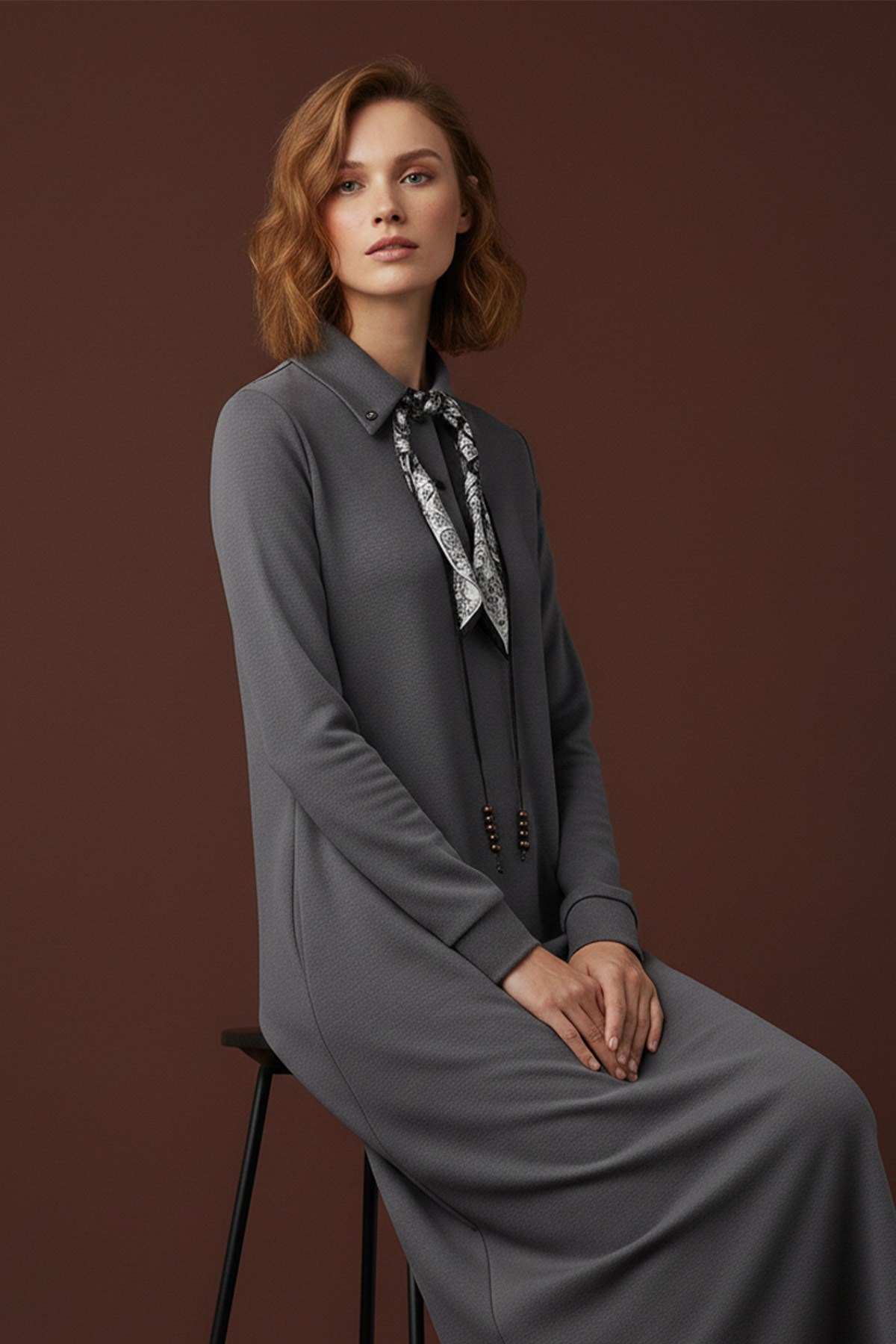 Kadın Fular Detaylı Polo Yaka Rahat Kesim Uzun Elbise – 12666ELB - GREY