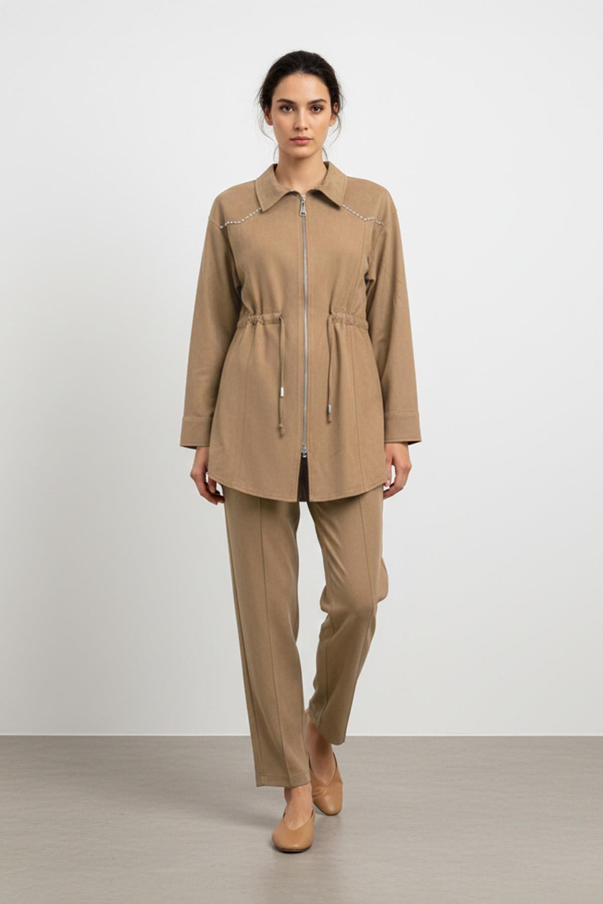 Kadın Fermuarlı Yaka Belden Bağcıklı İkili Takım - 14431 - CAMEL
