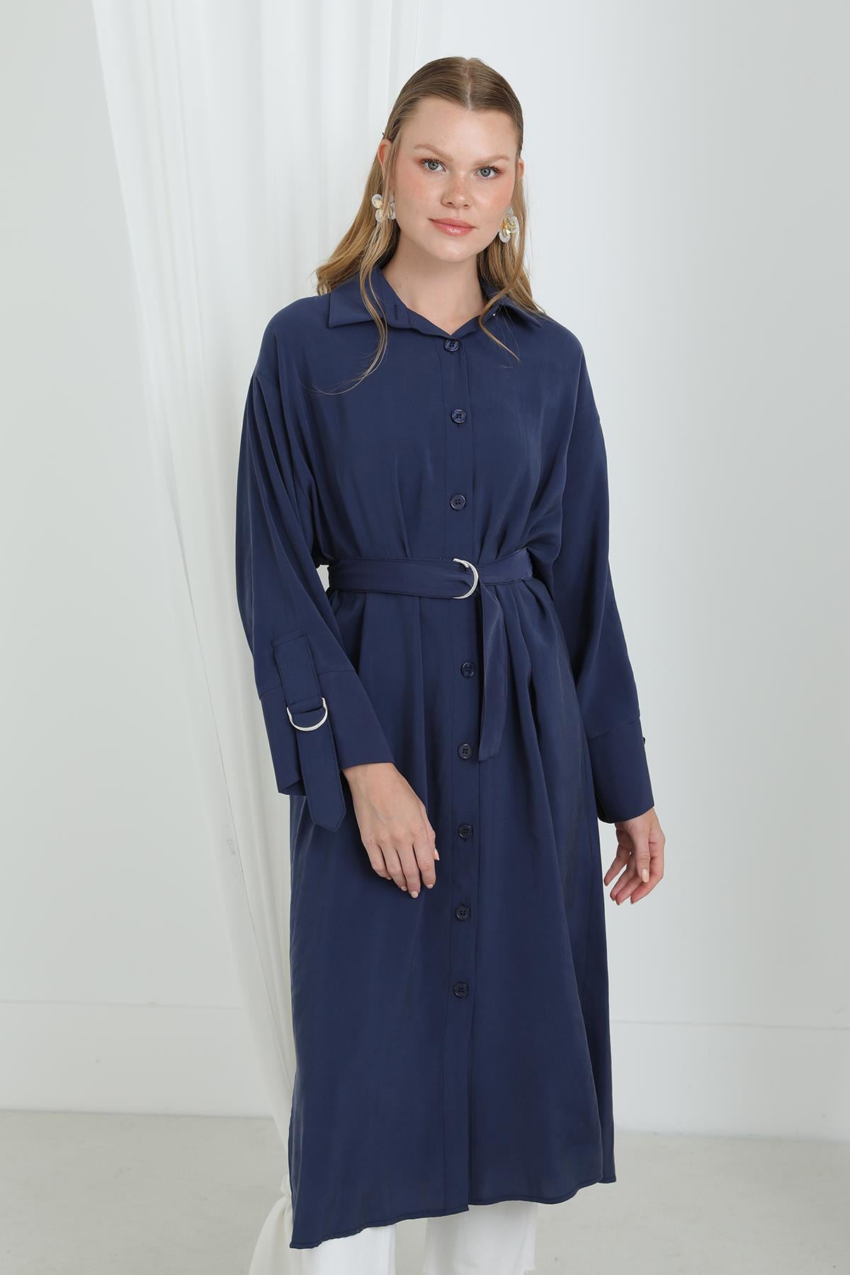Kadın Kuşaklı Düğmeli Oversize Tunik -10700TUN - NAVY