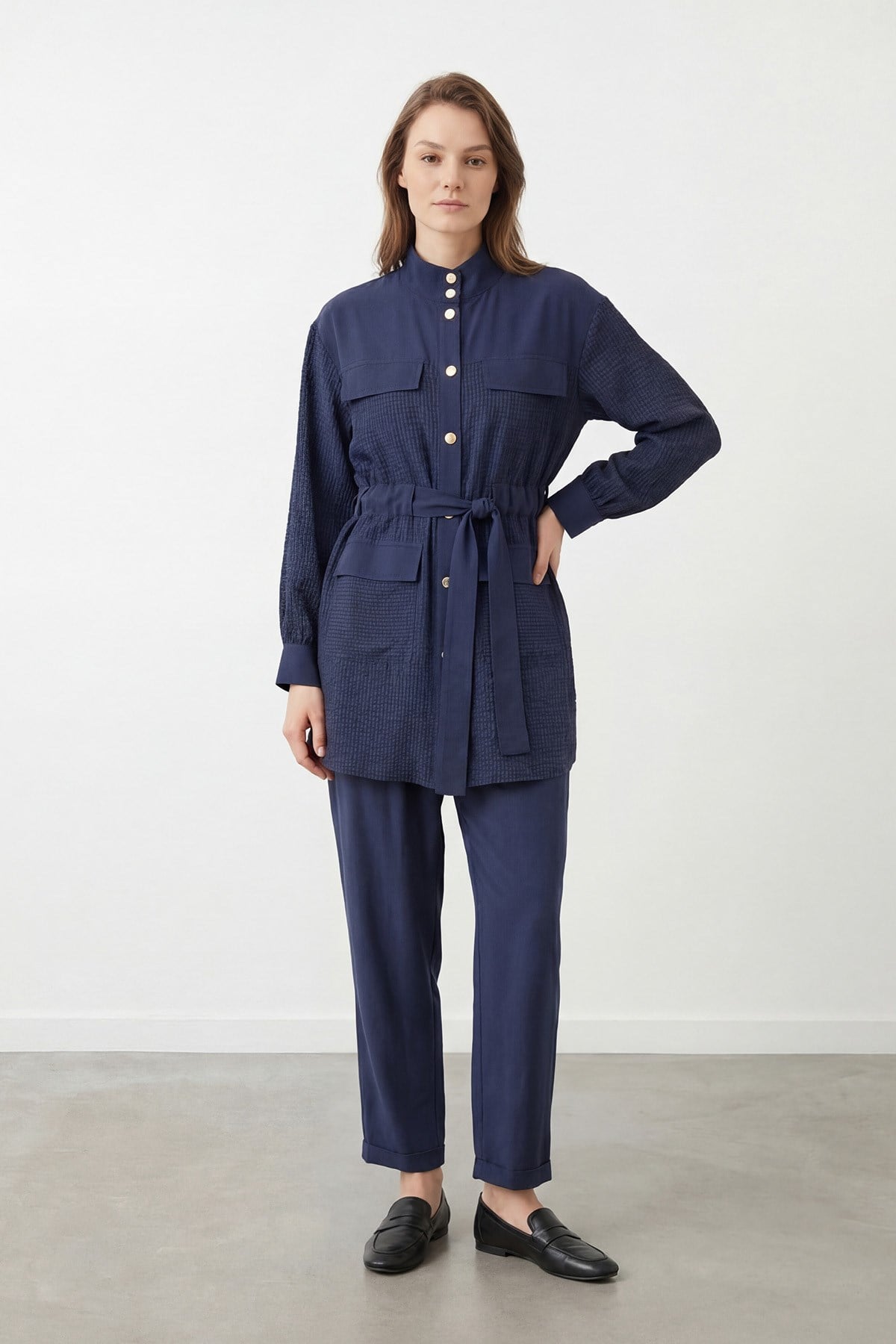 Kadın Hakim Yaka Kuşaklı Bambu Tunik Pantolon Takım – 14451TKS - NAVY