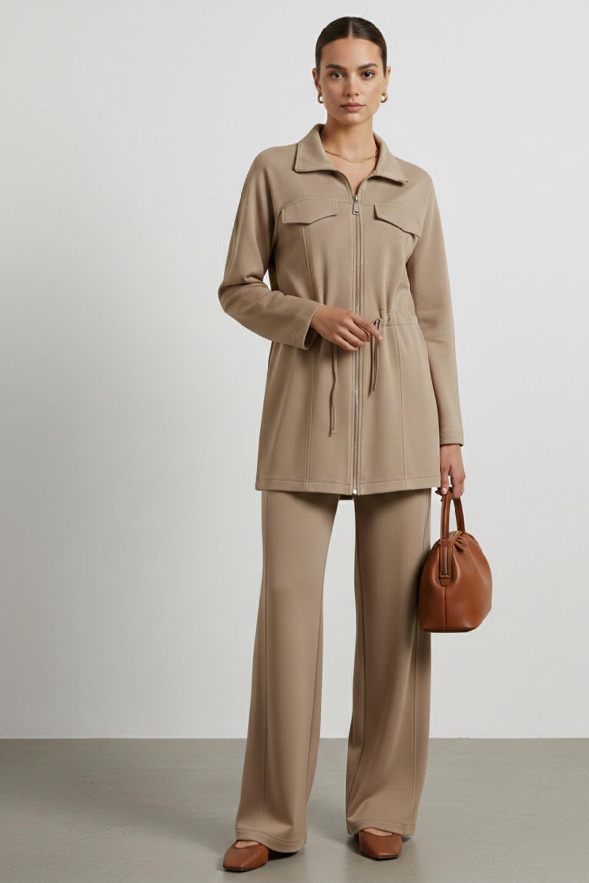 Kadın Fermuar Detaylı Bağcıklı Modal Takım-14433TKS - BEIGE