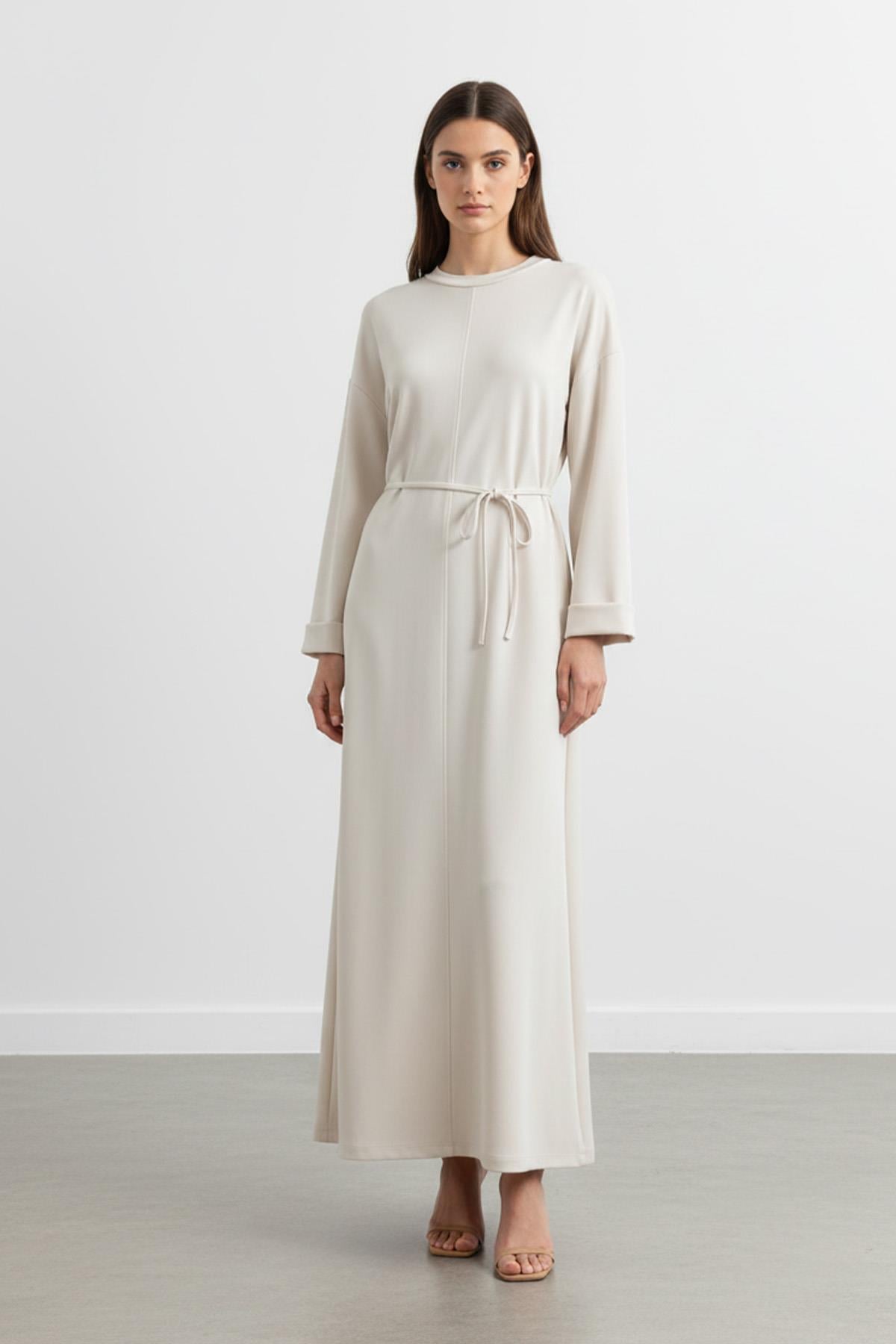 Kadın Basic Bel Detaylı Uzun Kollu Scuba  Elbise-12672ELB - BEIGE