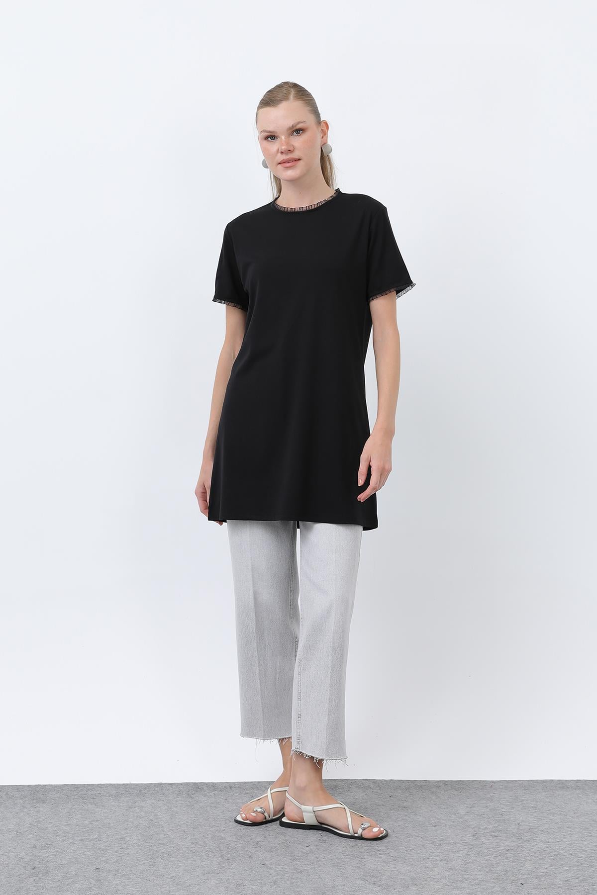 Kadın Minimalist Ribana Detaylı Basic T-Shirt-40013TSH - BLACK