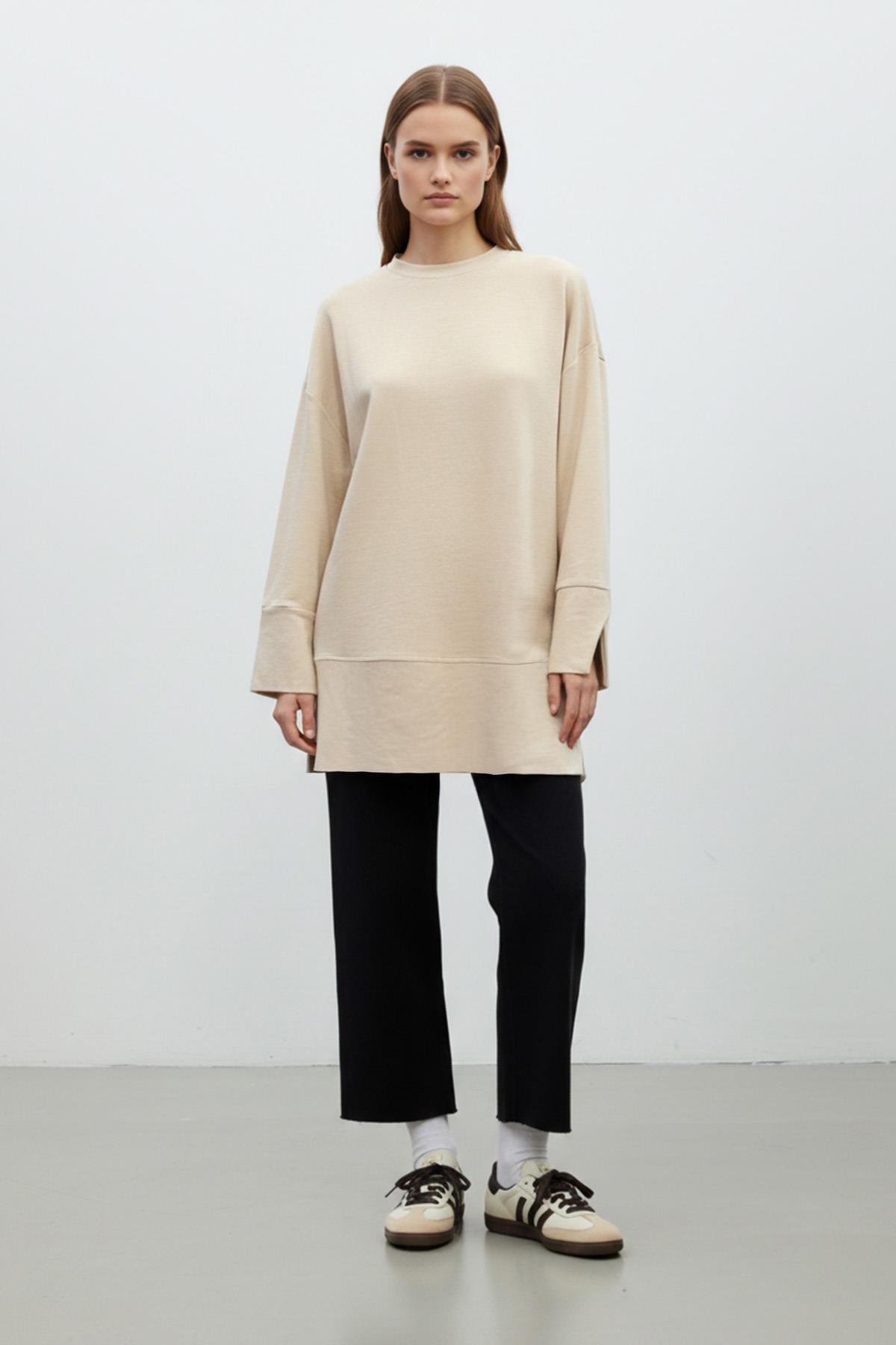 Kadın Bisiklet Yaka Düşük Omuz Örme Tunik -20735TUN - DARK BEIGE