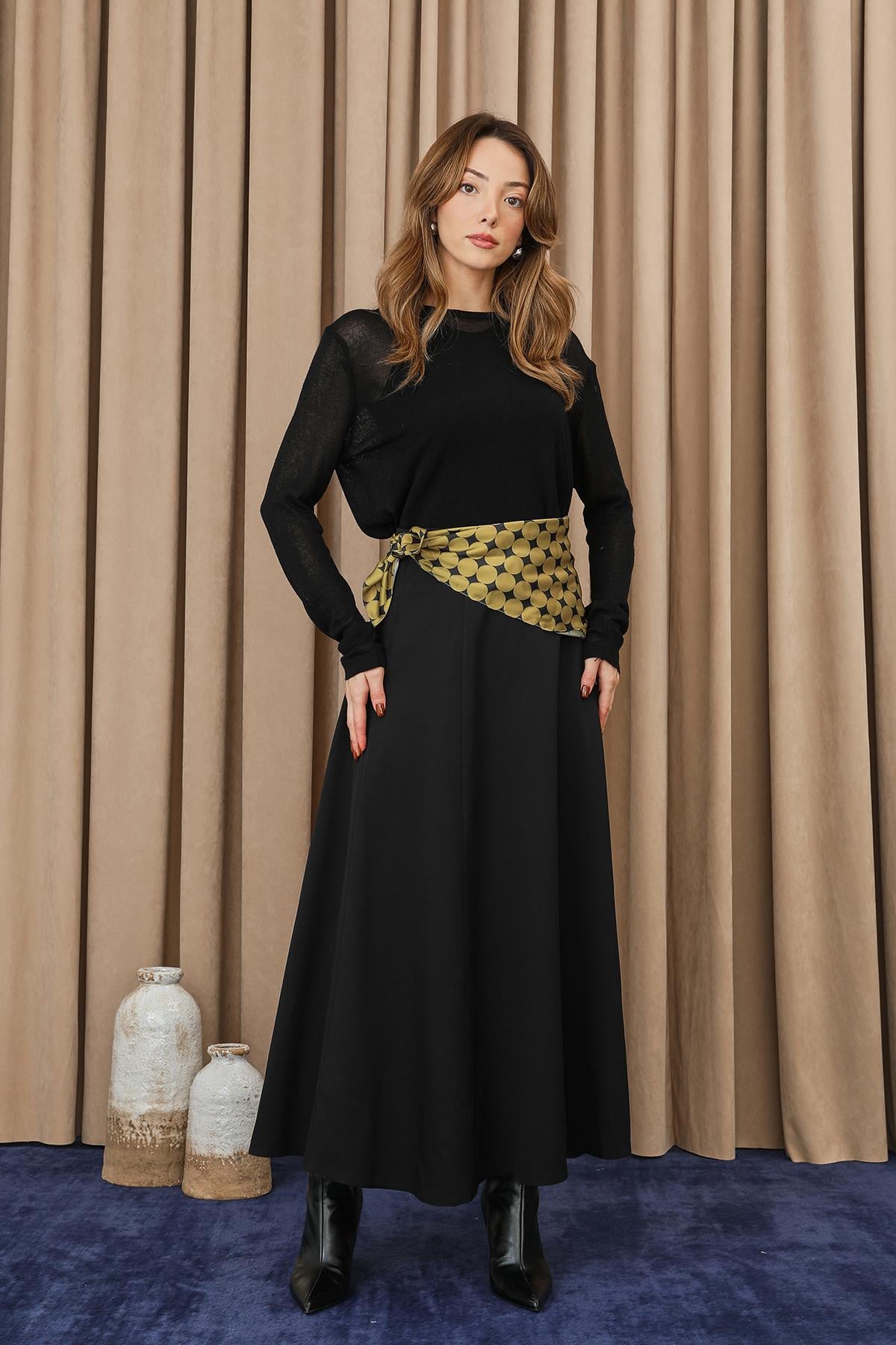 Kadın Puantiye Fularlı Açılımlı Dokuma Etek - 18272ETK - BLACK