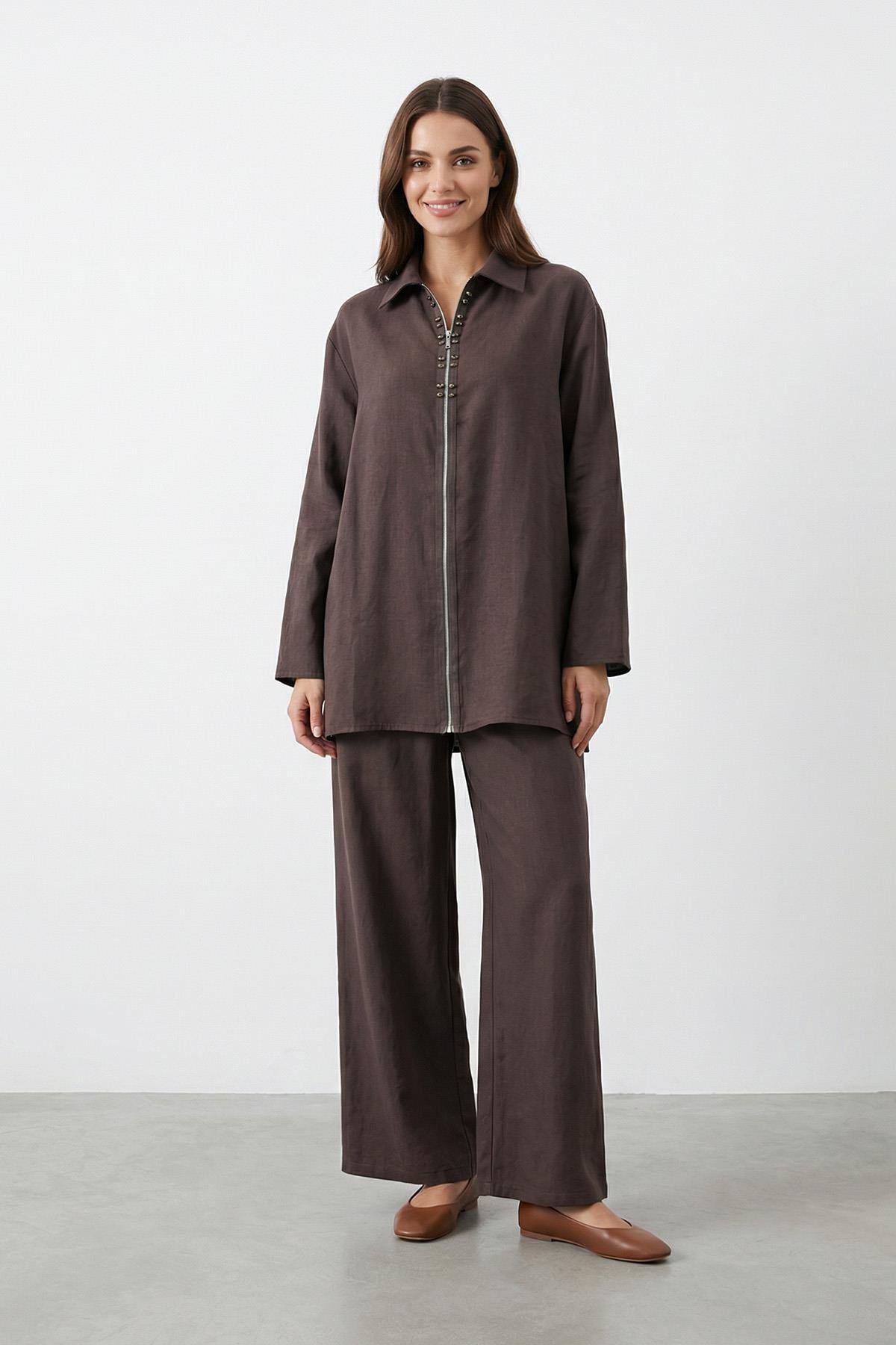 Kadın Gömlek Yaka Fermuarlı Tunik Pantolon Takım – 14446TKS - BROWN