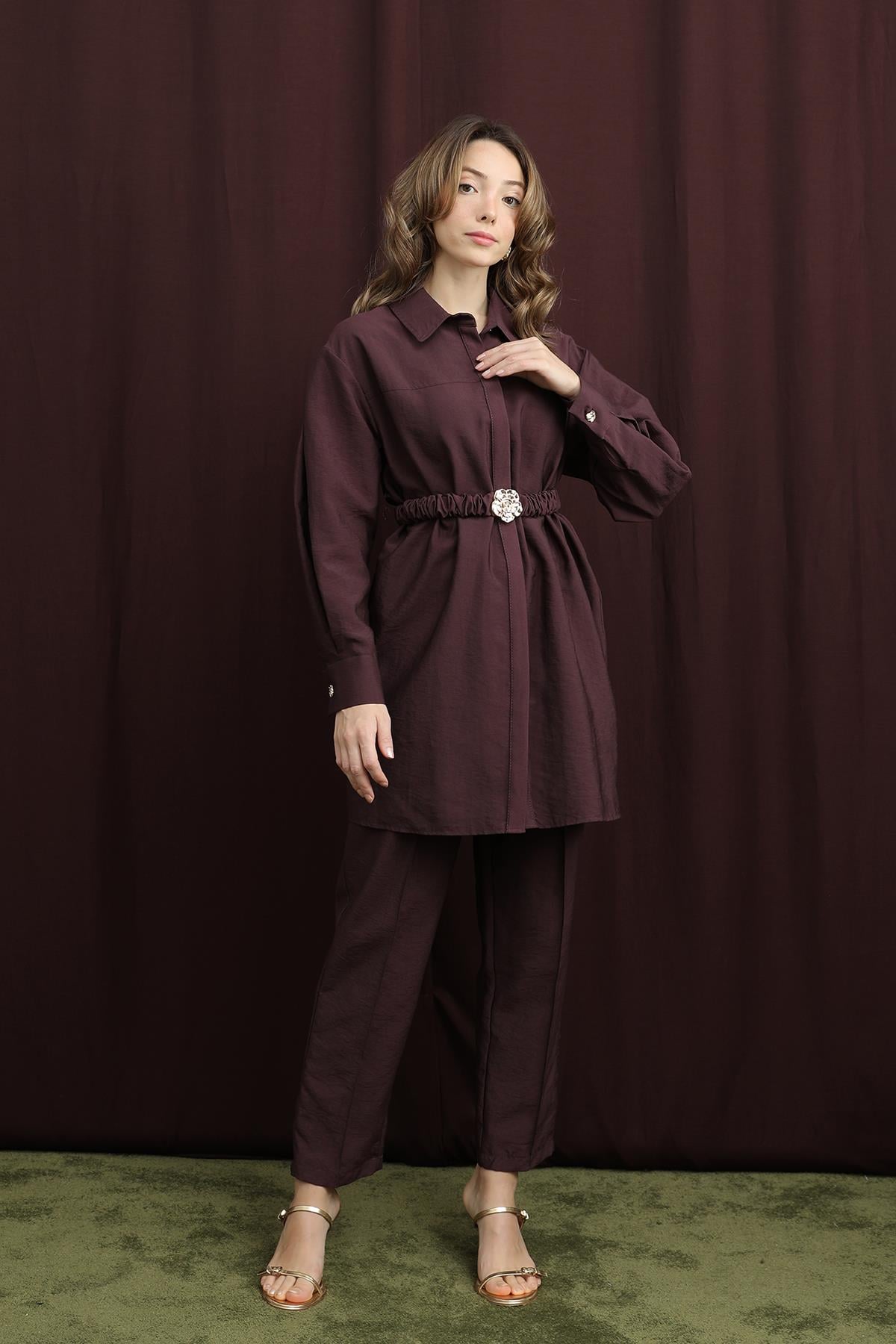 Kadın Gizli Patlı Beli Lastik Kemerli Takım - 14388TKS - BURGUNDY