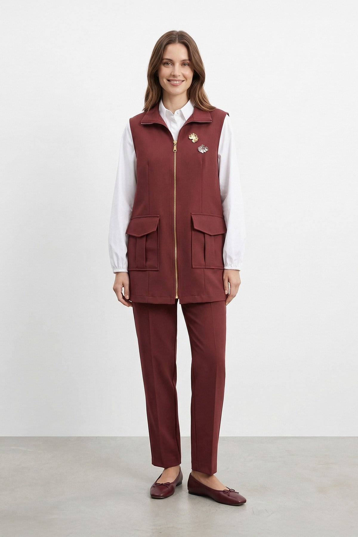 Kadın Fermuarlı Kargo Cep Detaylı Yelek Pantolon Takım – 14463TKS - BURGUNDY