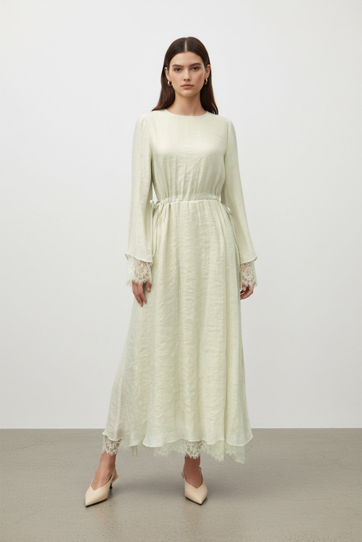 Kadın Belden Bağlamalı Dantel Detaylı Uzun Elbise-32466ELB - ALMOND GREEN