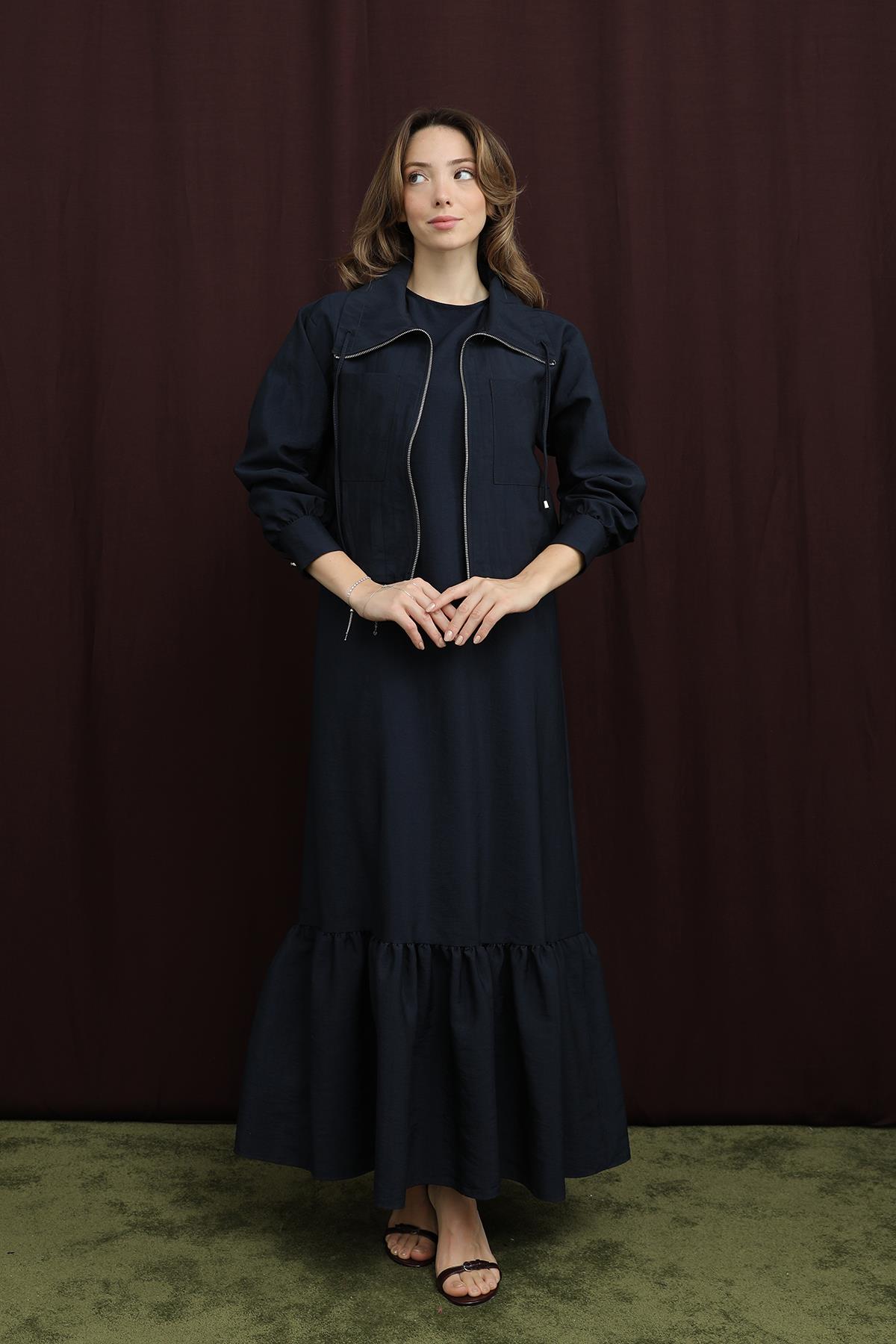 Kadın Crop Ceket Detaylı İkili Elbise - 12651TKS - NAVY