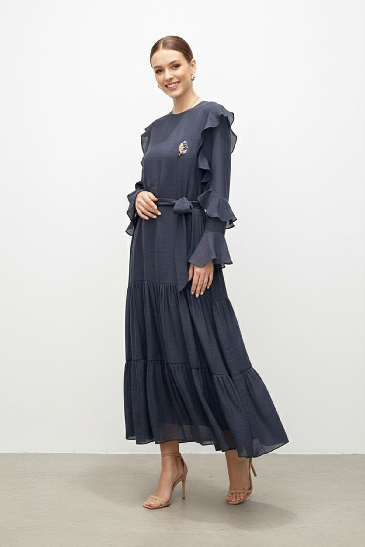 Fırfır Kollu Kuşaklı Kat Kat Uzun Elbise-12673 - NAVY