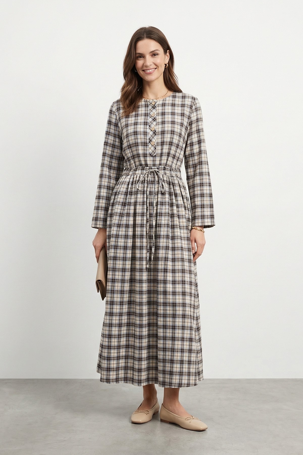 Kadın Gömlek Yaka Düğmeli Ekoseli Pamuklu Elbise – 32507ELB - BROWN