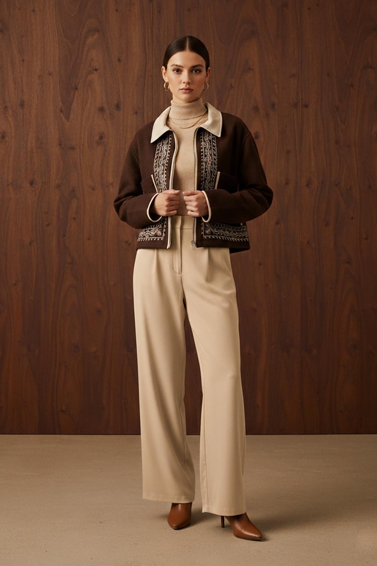 Kadın Nakış Detaylı Kısa Ceket - 20719CKT - BROWN-BEIGE