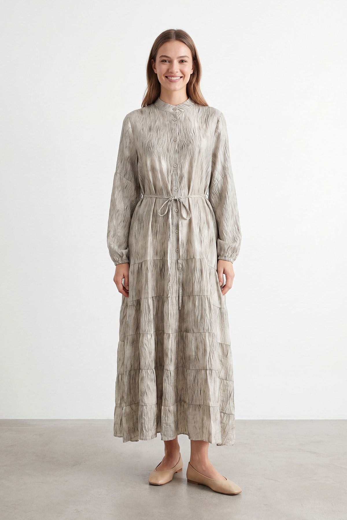 Kadın Naturel Dokulu Katmanlı Elbise - 12708ELB - KHAKI
